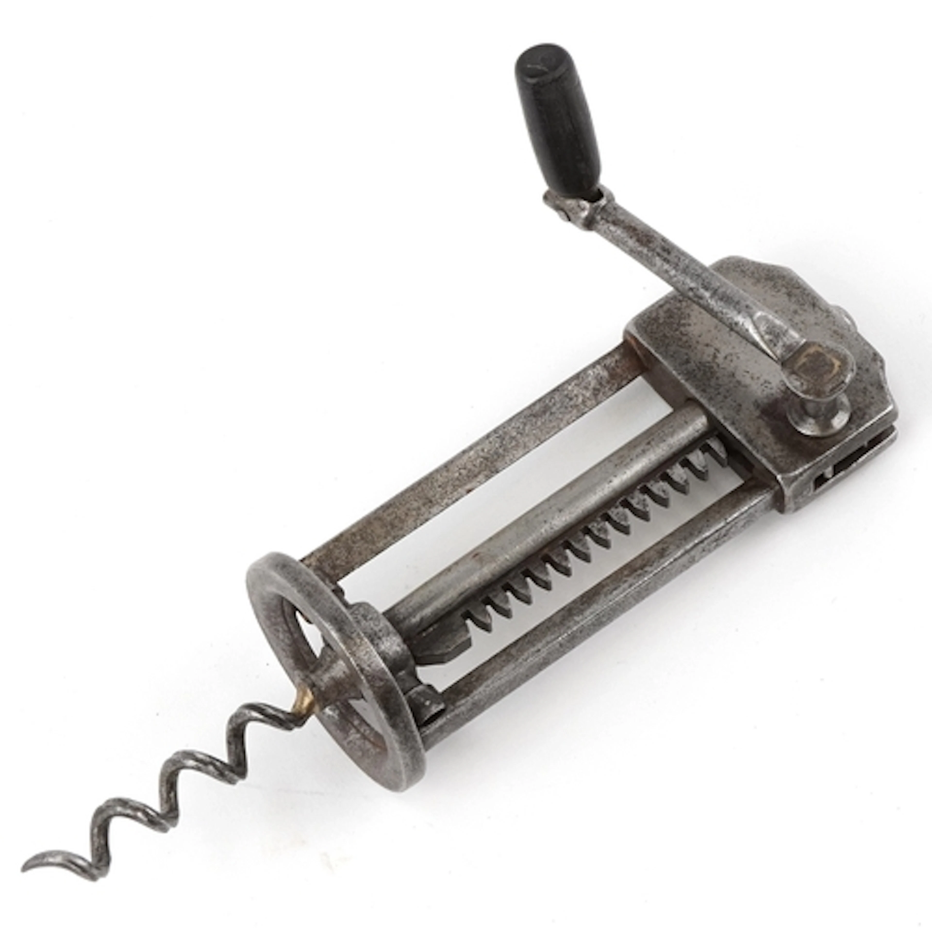 Unusual antique steel rack and pinion corkscrew having an eb...