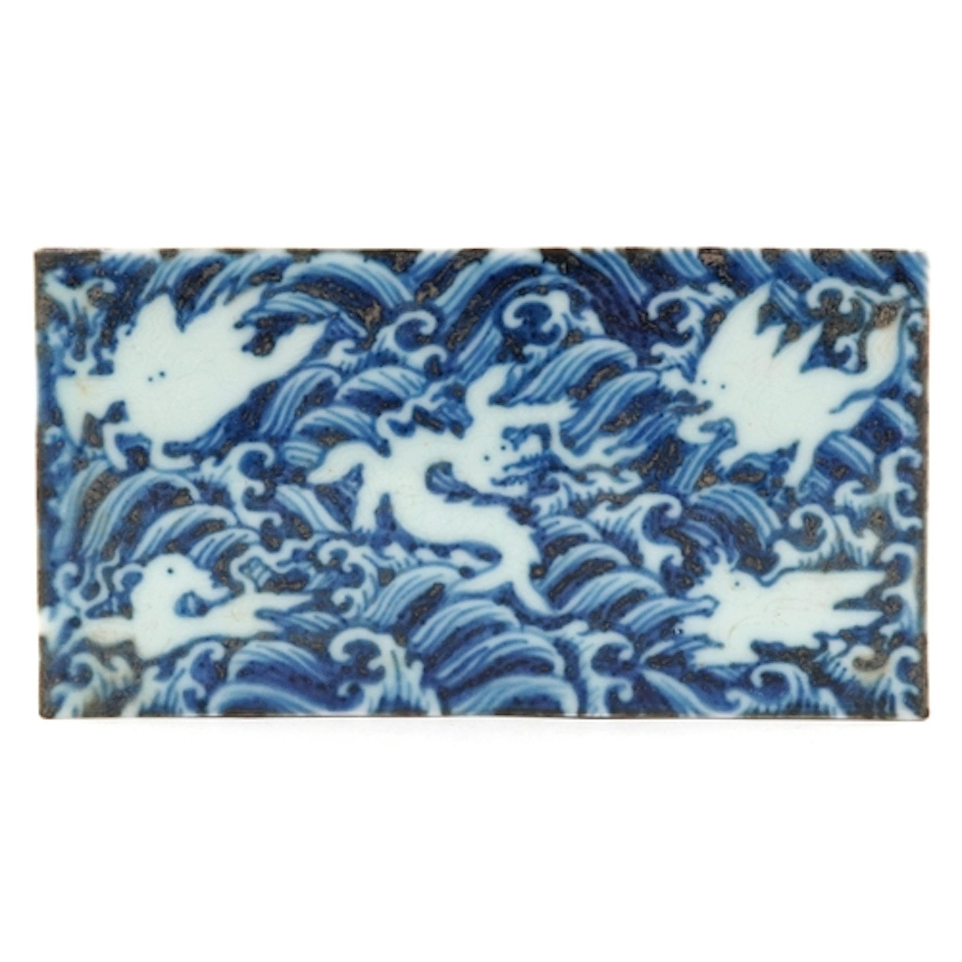 Chinese blue and white porcelain tile incised with dragons a...