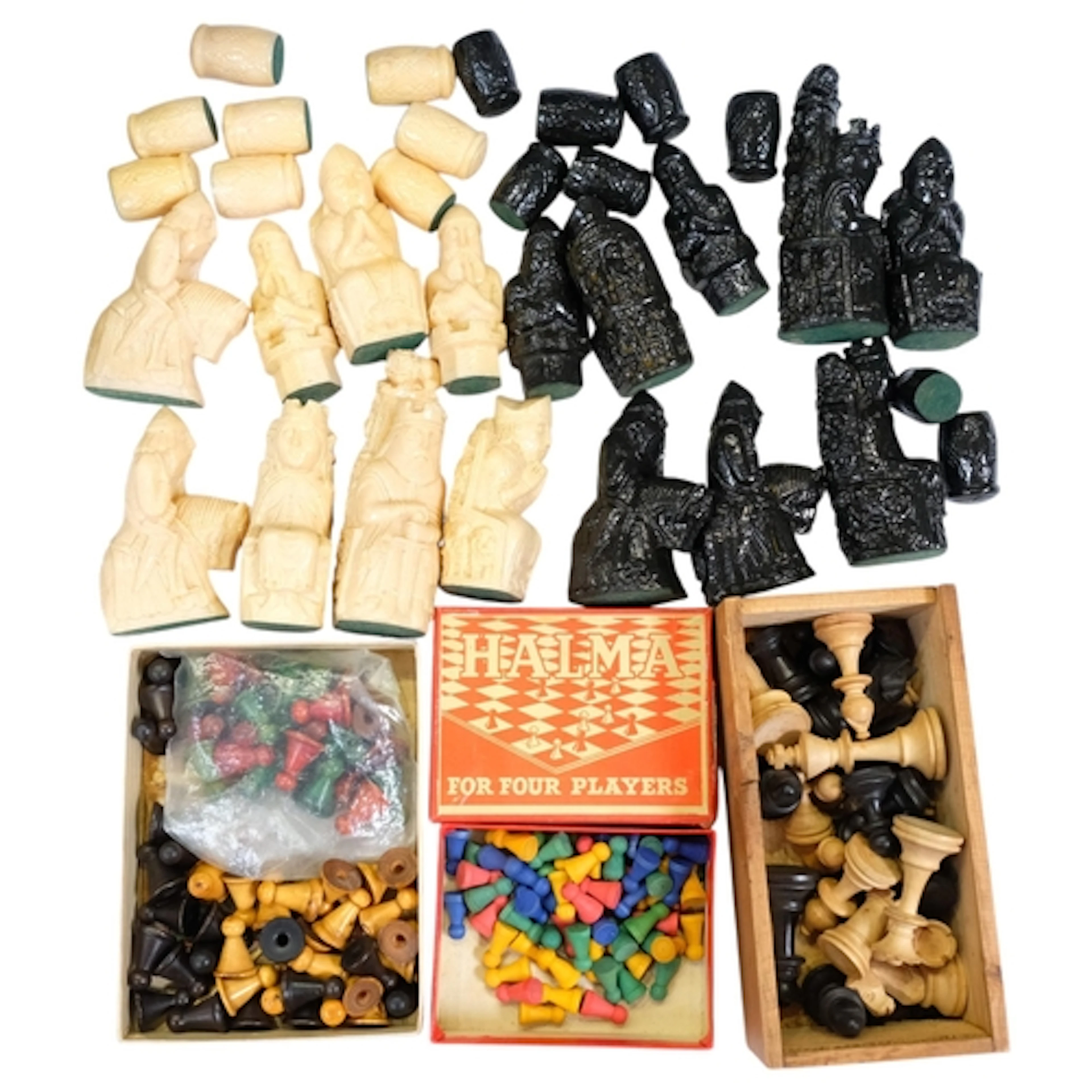 A resin chess set, a turned wood chess set, a boxed Halma ga...