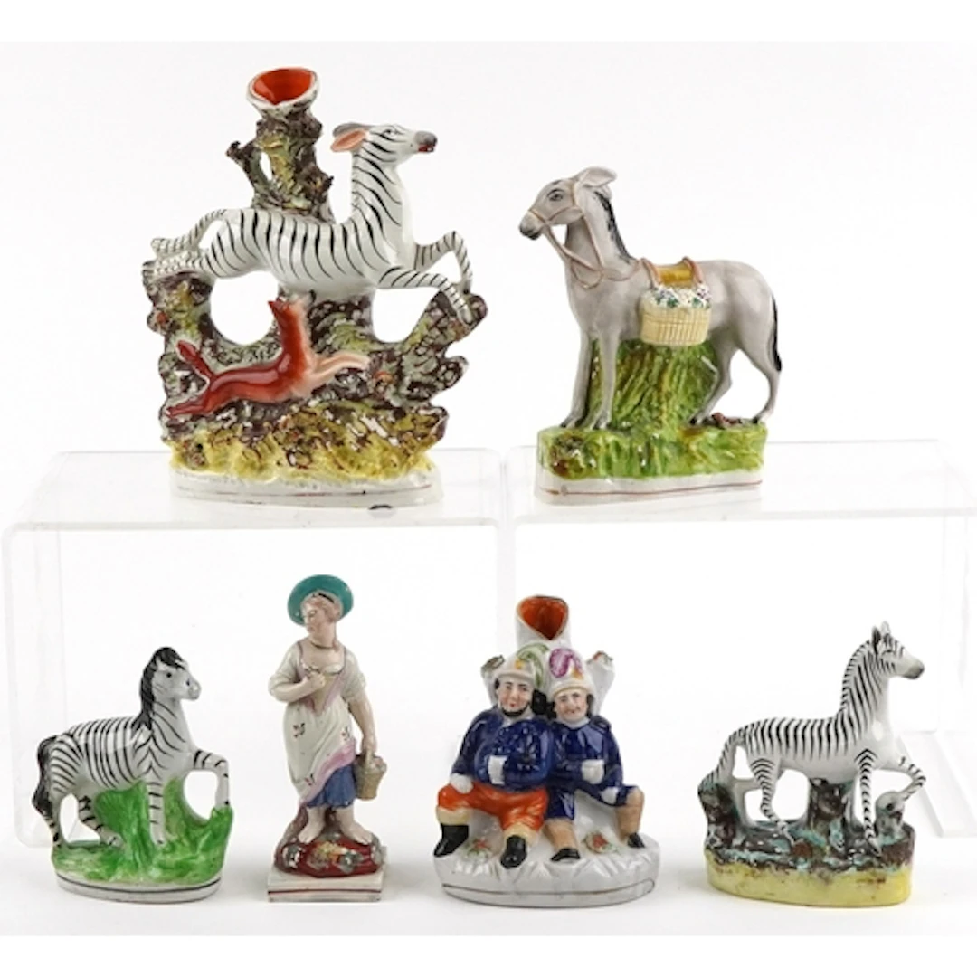 Victorian Staffordshire pottery figures including a flatback...