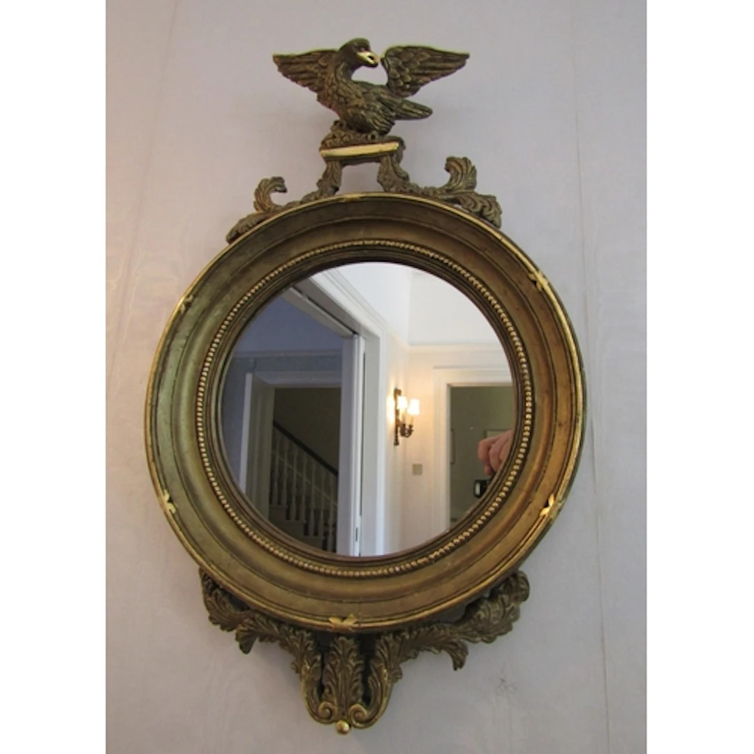 Antique Circular Form Wall Mirror with Upper Carved Eagle Su...