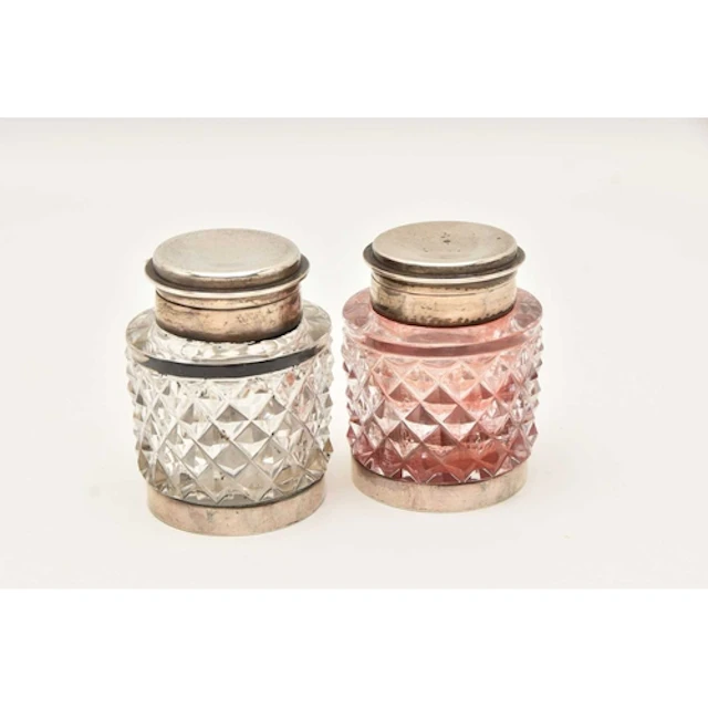 PAIR OF SILVER TOPPED INKWELLS, cut glass ink wells, both fi...