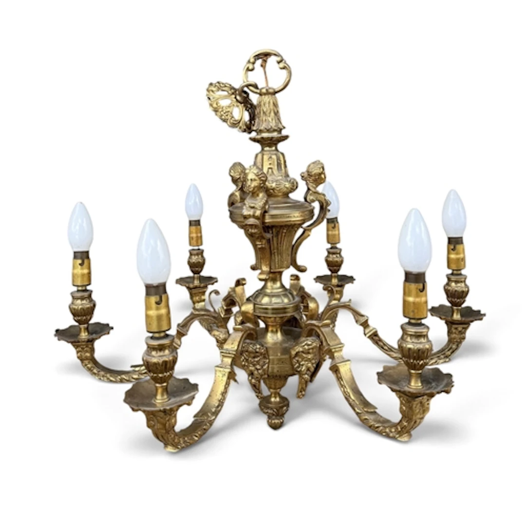 A REPRODUCTION GILT BRONZE SIX-LIGHT CHANDELIER, IN LATE 17T...