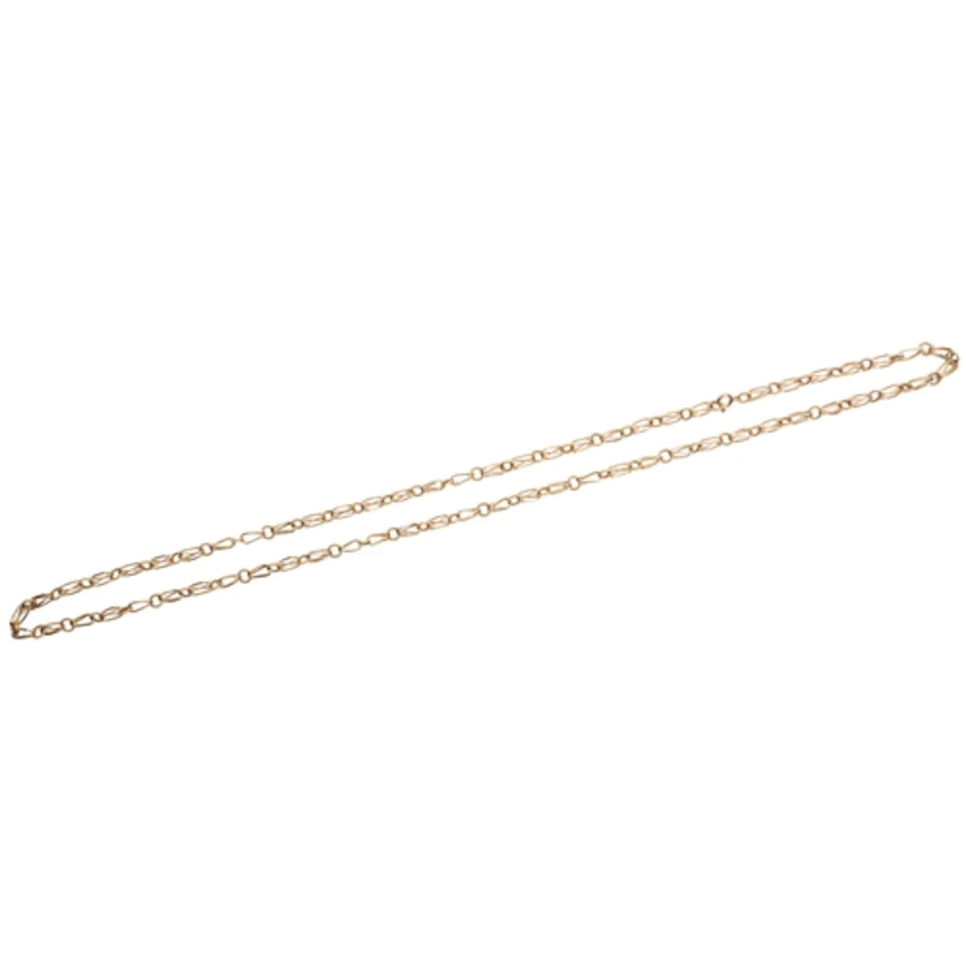 A gold long chain, composed of folded hoop and rope twist li...