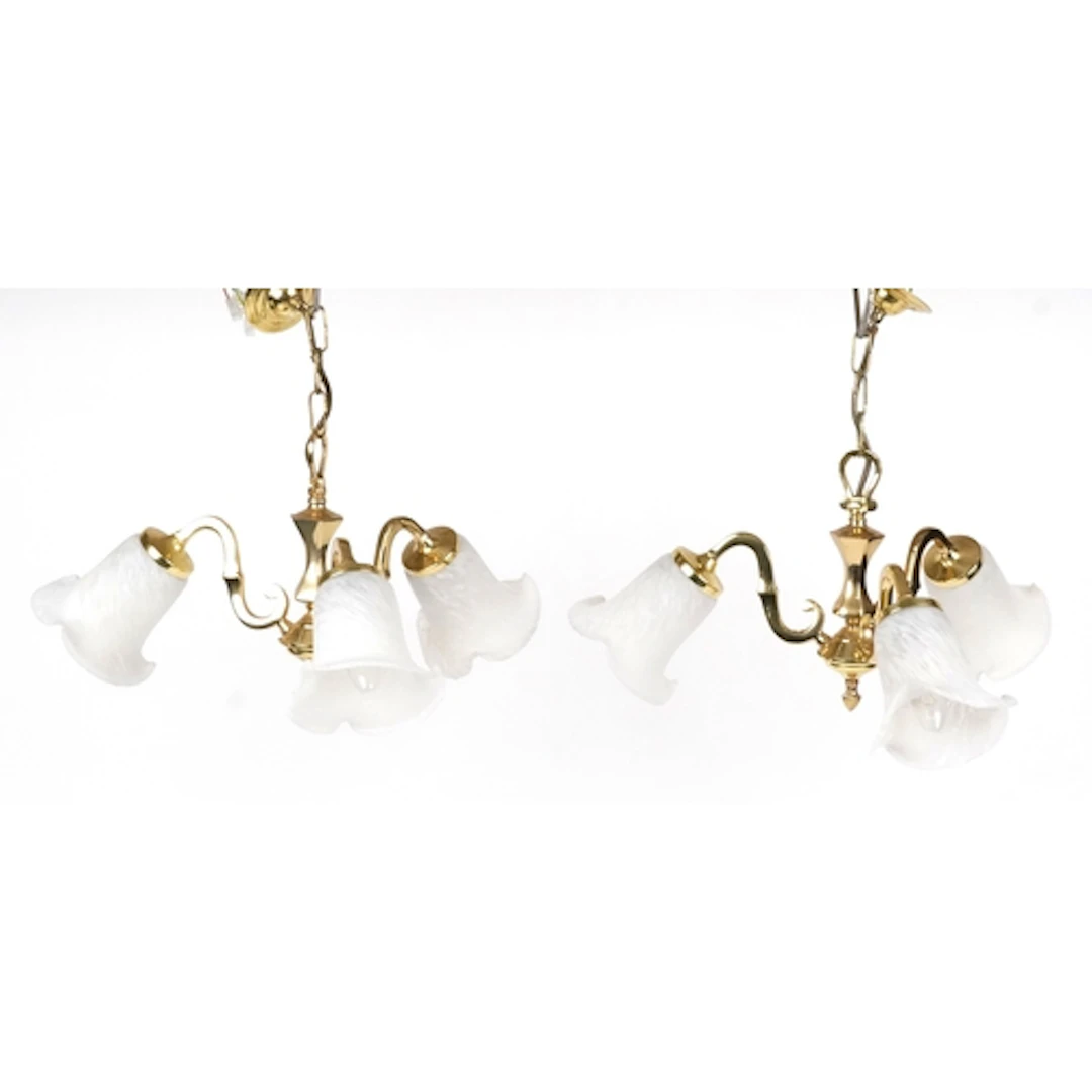 Pair of gilt brass three branch chandeliers with mottled gla...