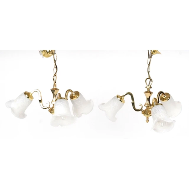 Pair of gilt brass three branch chandeliers with mottled gla...