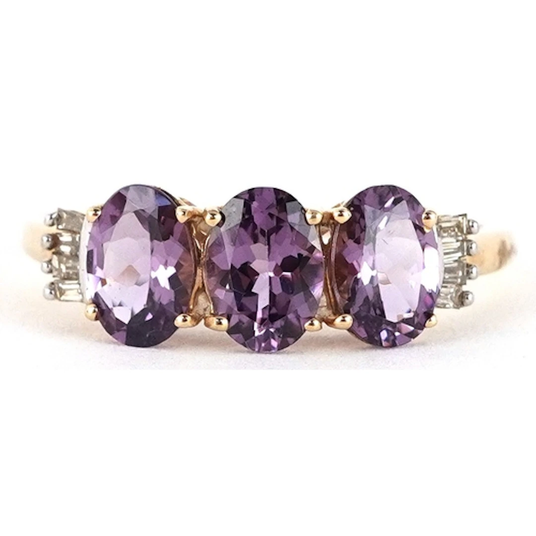 10K gold purple stone and diamond ring, size S, 1.8g.