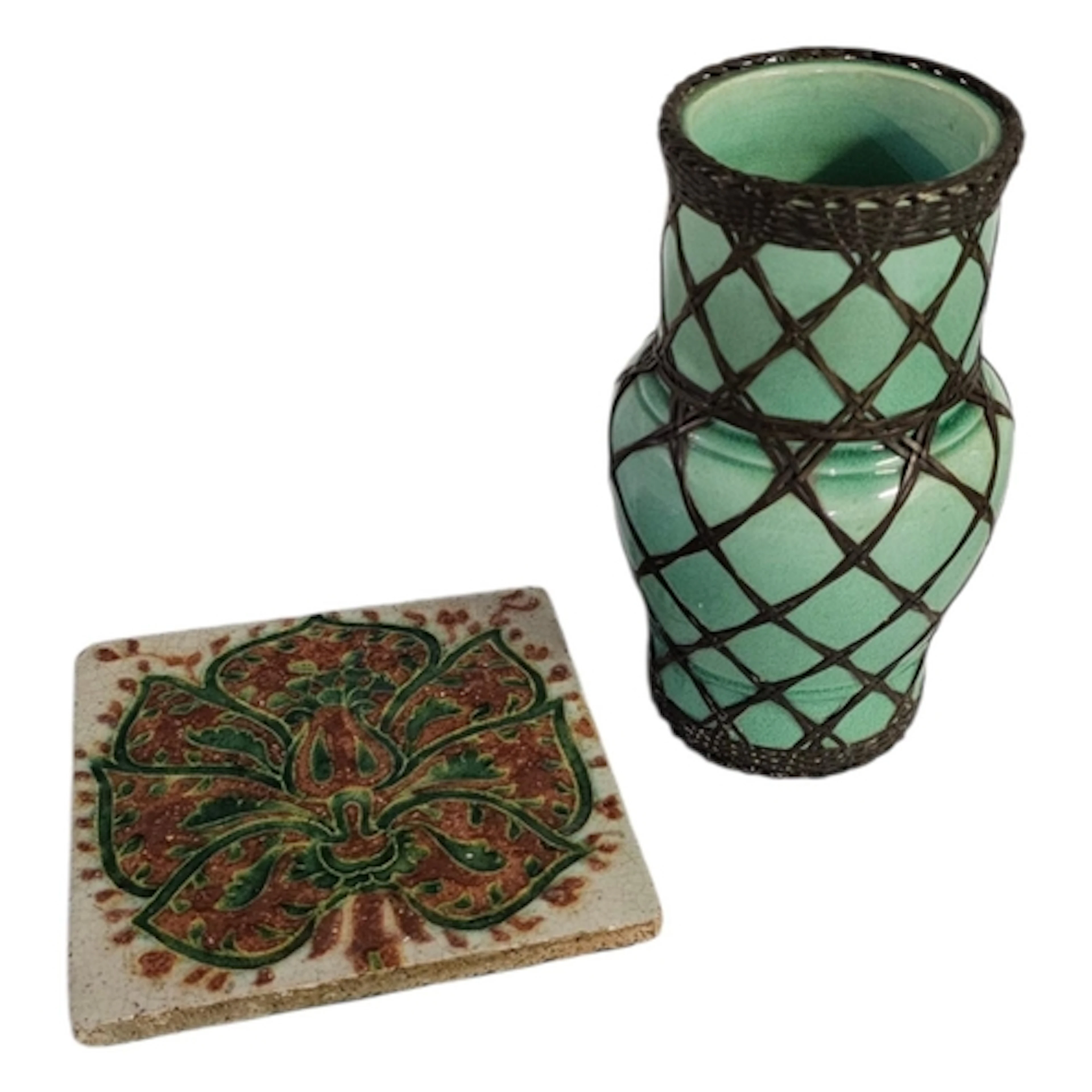 A JAPANESE MEIJI CELADON GLAZE AWAJI POTTERY AND BRONZE BRUS...