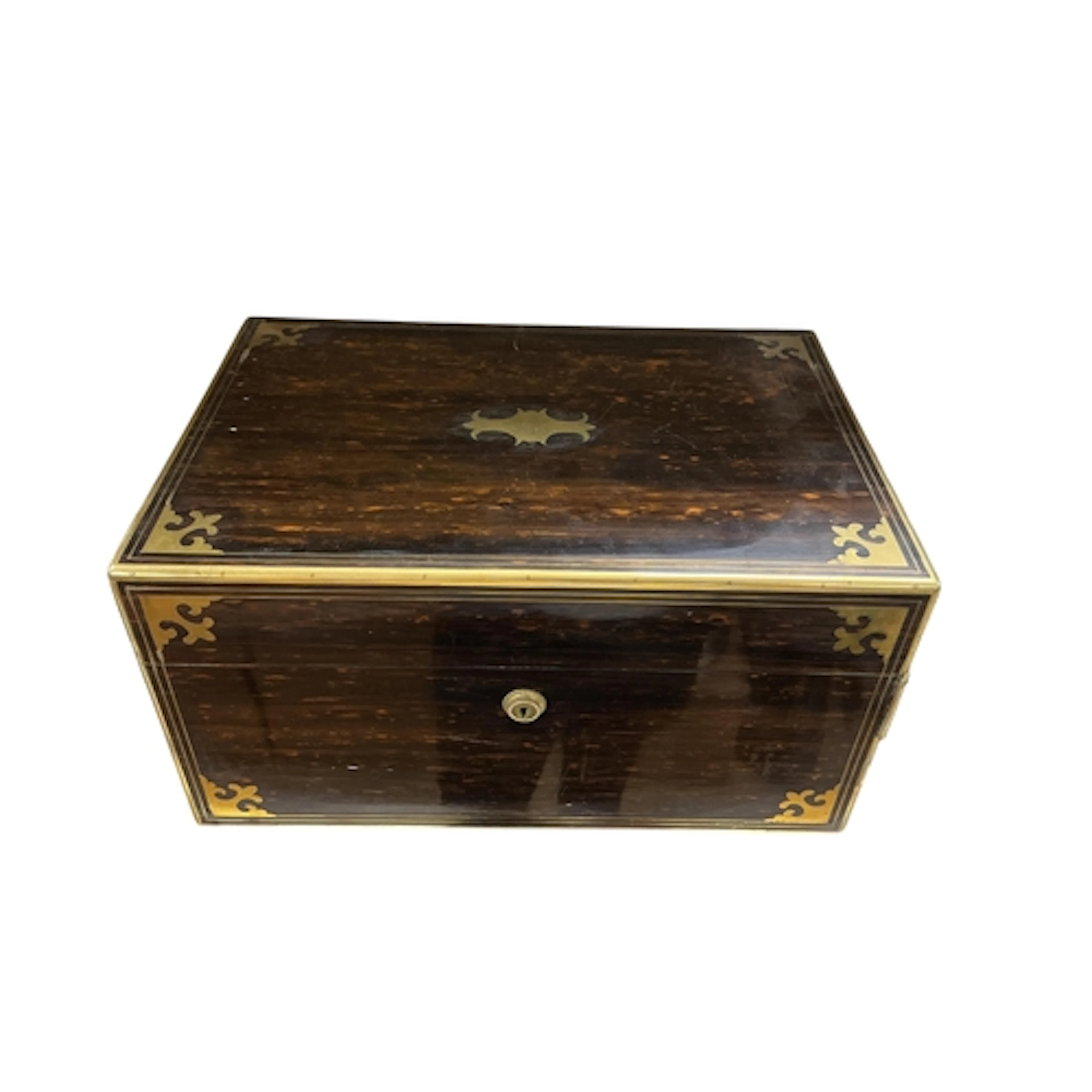 A Victorian brass mounted coromandel jewellery casket, width...