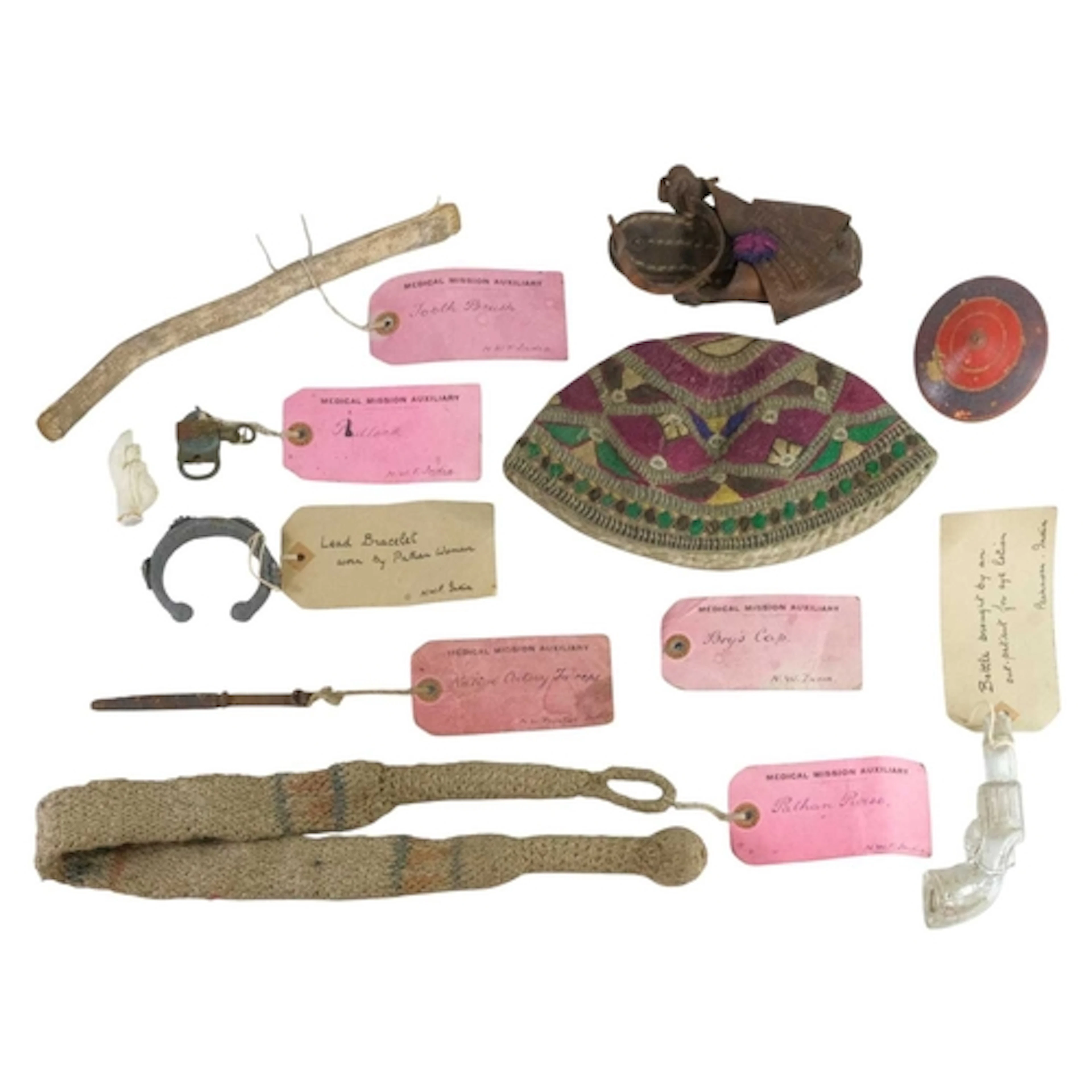 A collection of North West Indian artefacts. Labelled 'Medic...