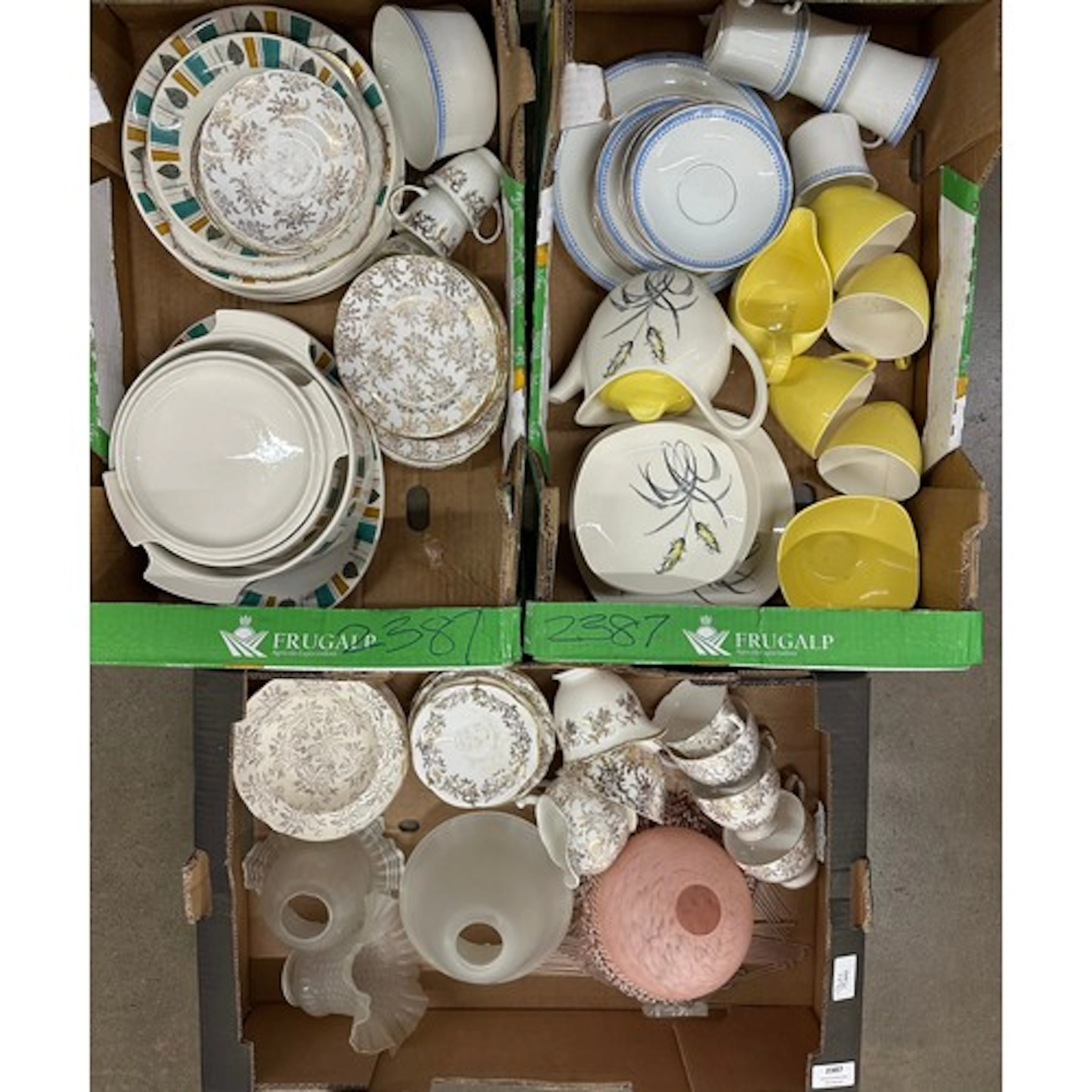 Three boxes of china and glass lampshades including Midwinte...