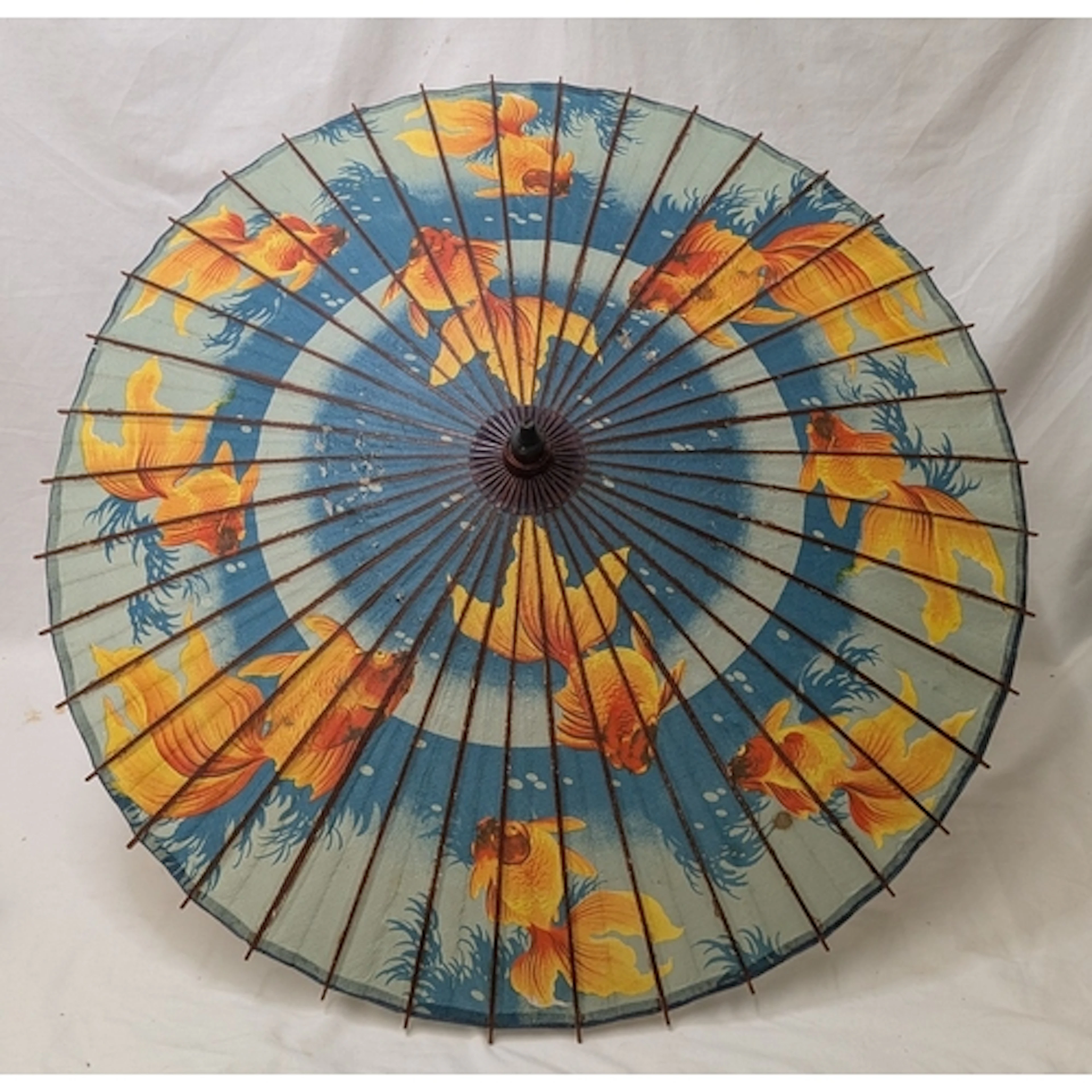 Vintage Bamboo & Paper Oriental Parasol decorated with fish ...