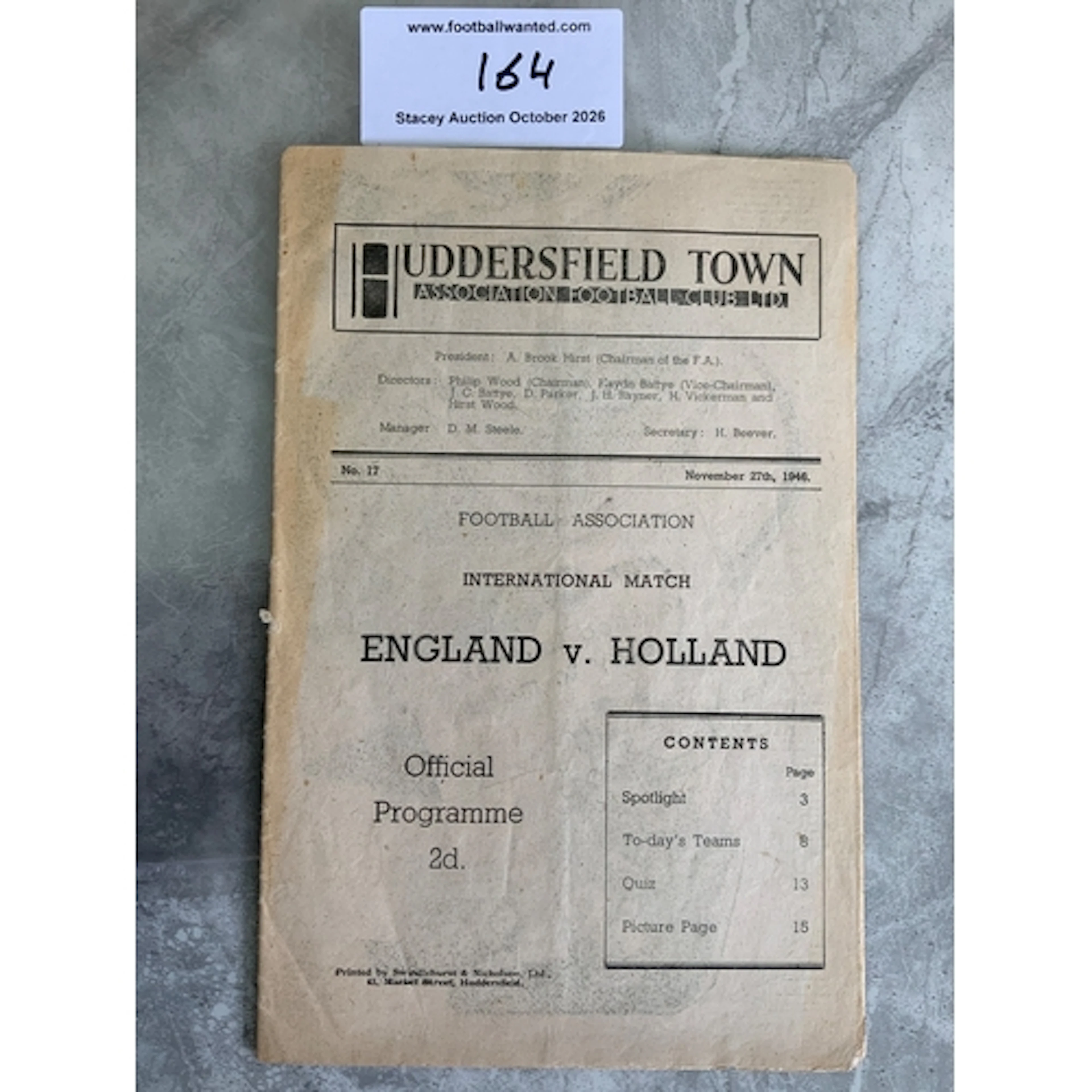 1946 England v Holland At Huddersfield Football Programme: G...