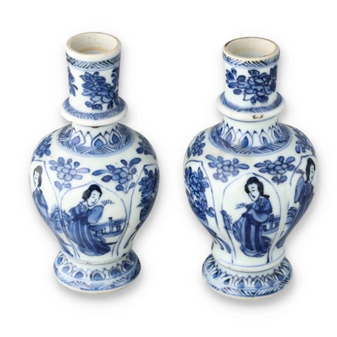A PAIR OF CHINESE BLUE AND WHITE MINIATURE BALUSTER VASES, K...