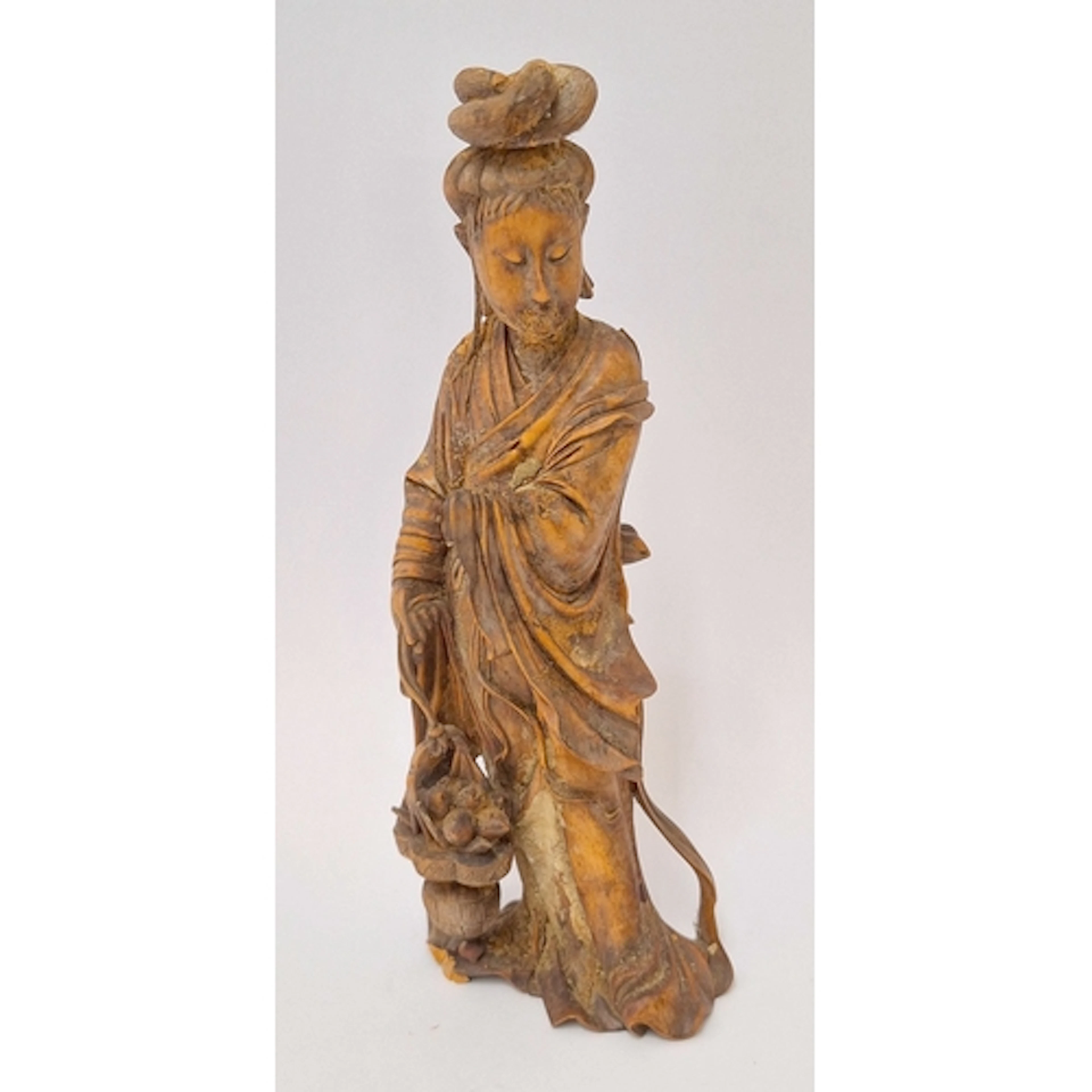 Chinese Carved Wooden Figure Guanyin holding a basket flower...