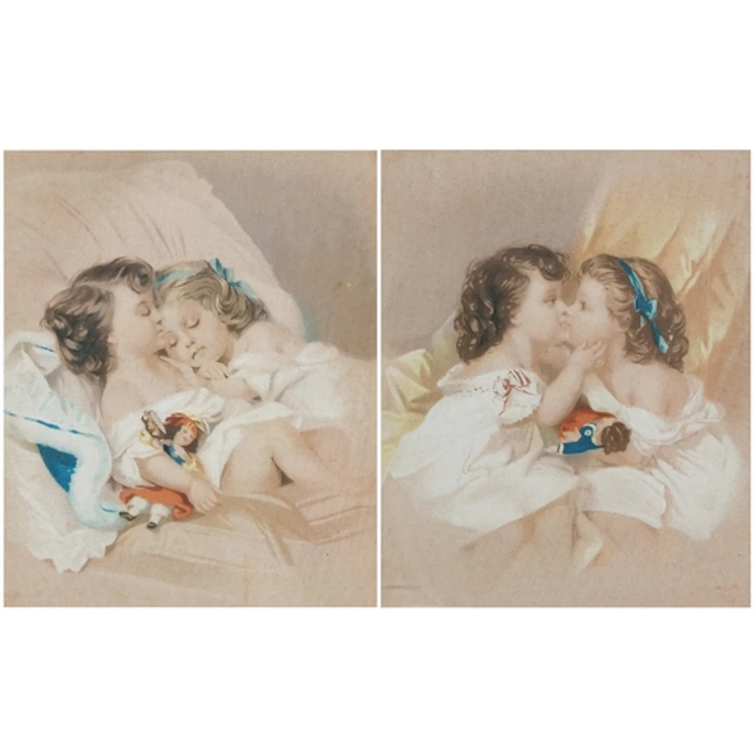 Pair of antique coloured engravings of children, mounted, fr...