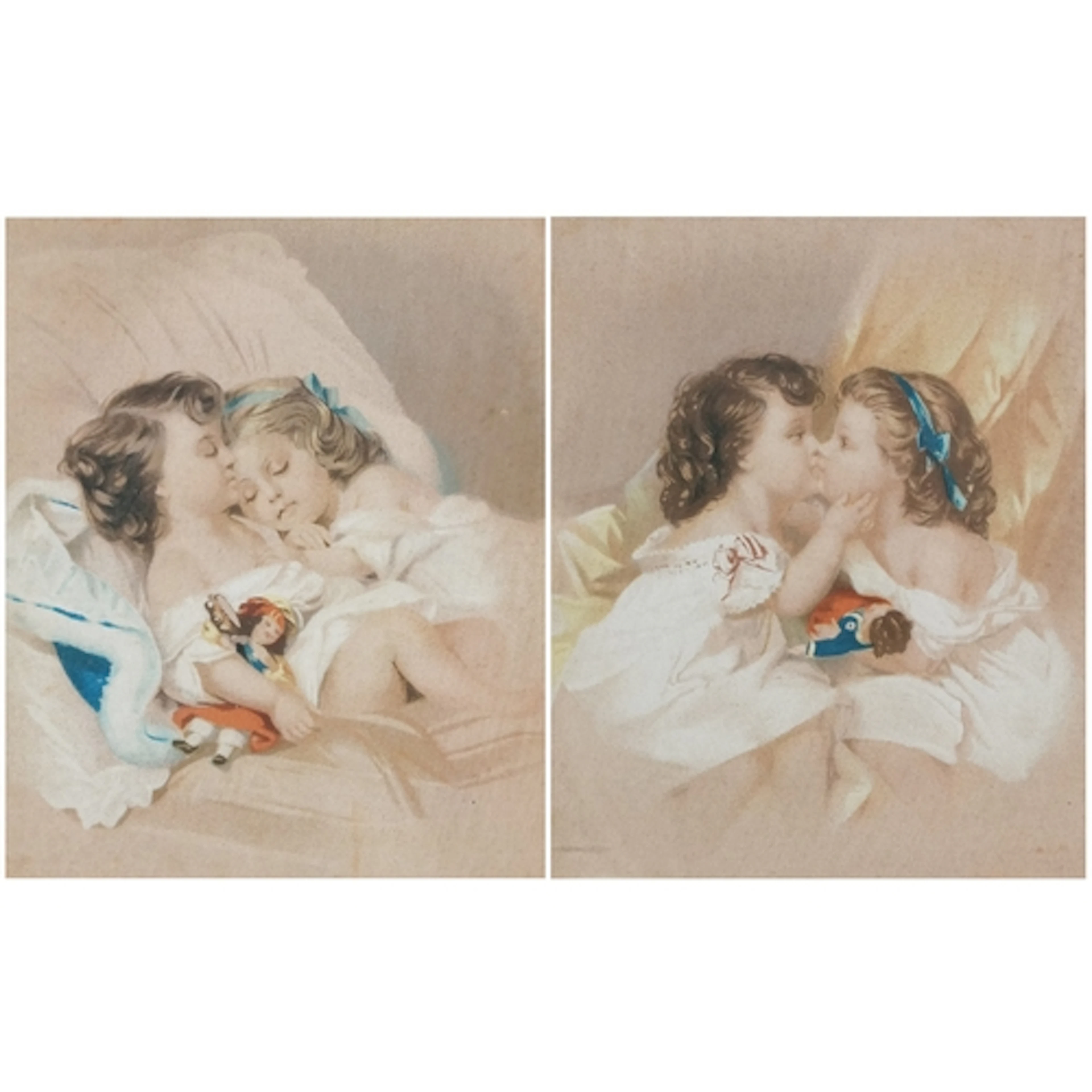Pair of antique coloured engravings of children, mounted, fr...
