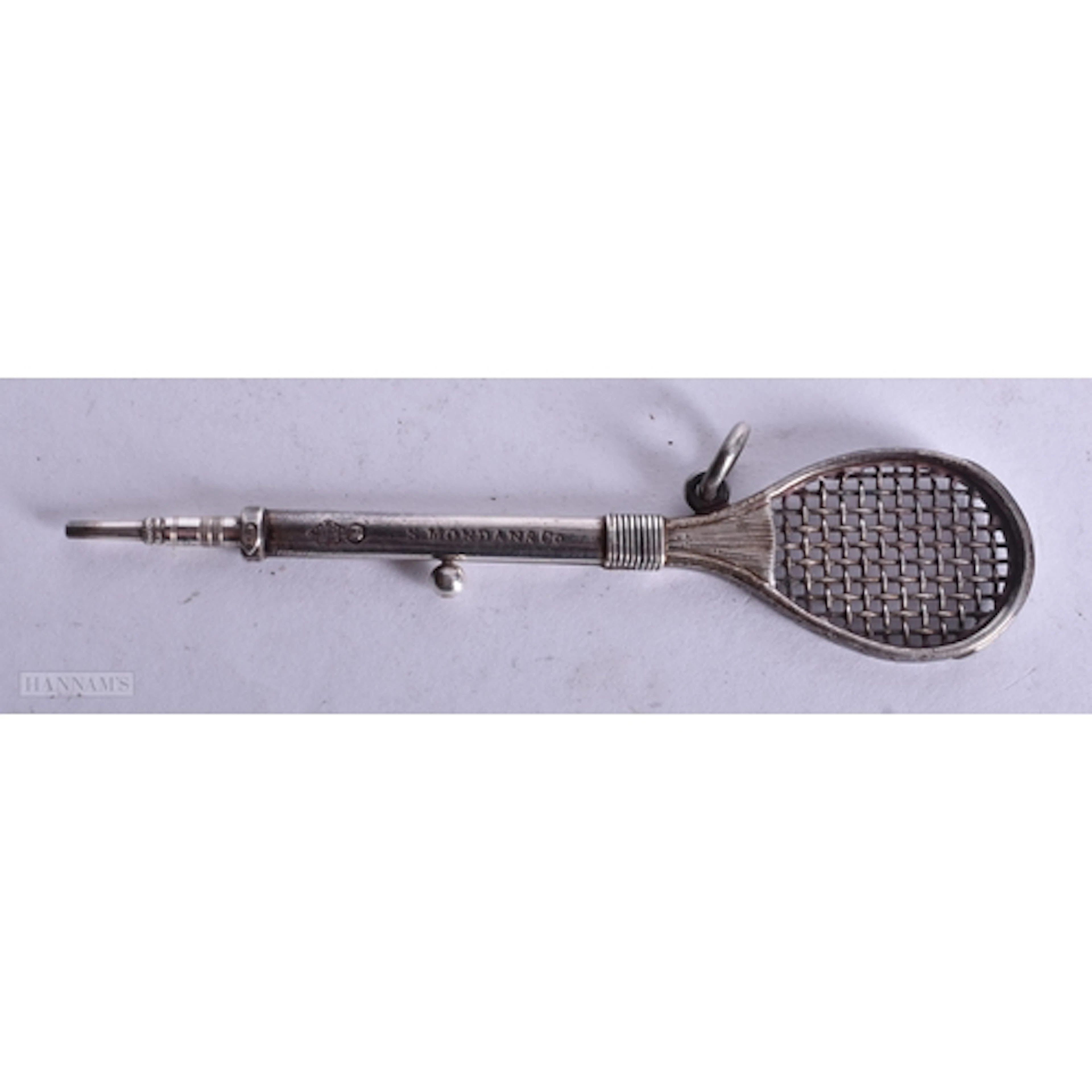 A RARE ANTIQUE SAMSON MORDEN SILVER TENNIS RACKET PROPELLING...