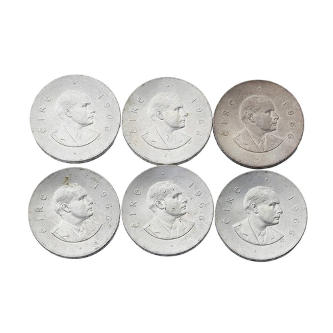 6 X 1966 IRISH SILVER PEARSE COINS, uncirculated 83%, 109 g.