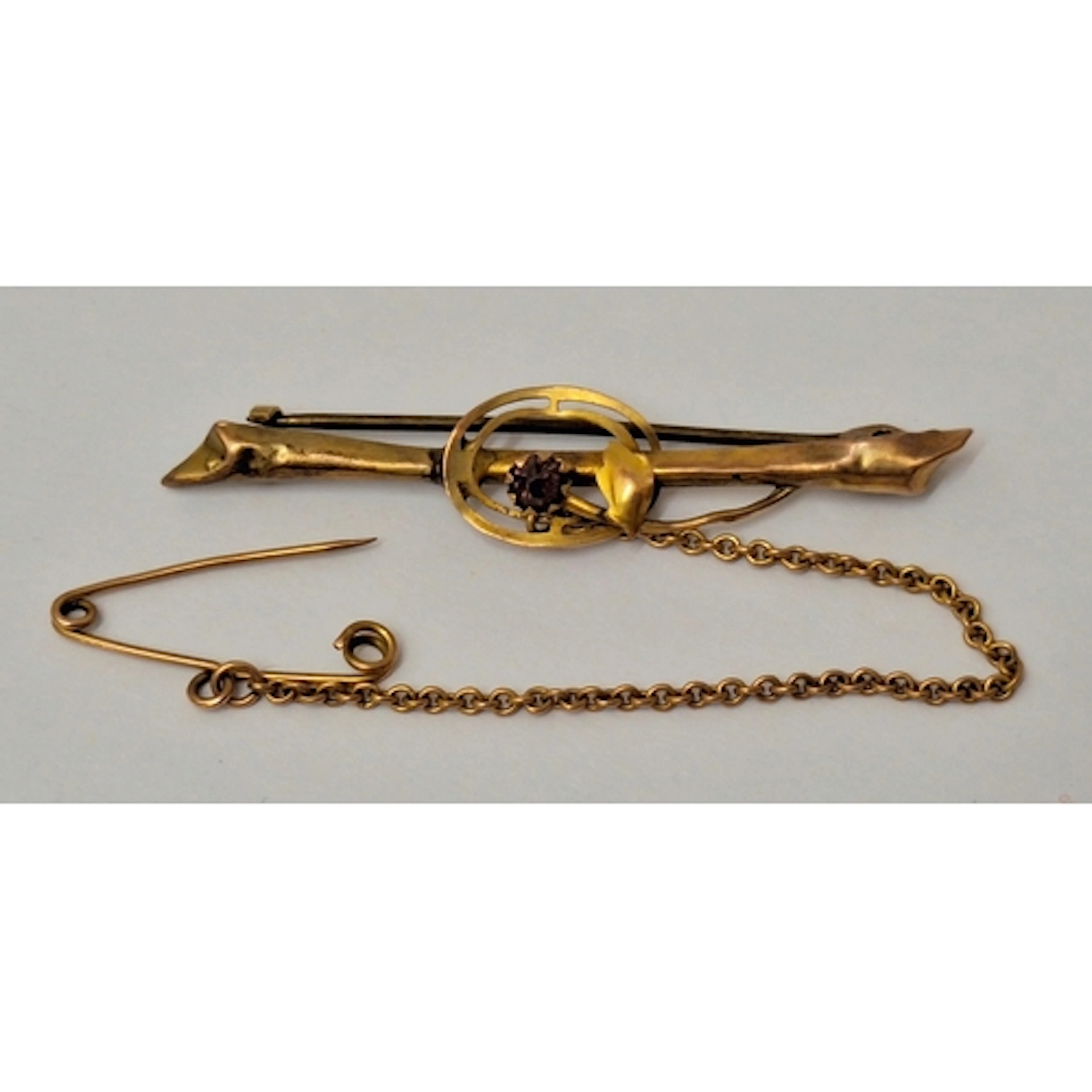 Hallmarked Yellow Gold Antique Bar Brooch with safety chain,...