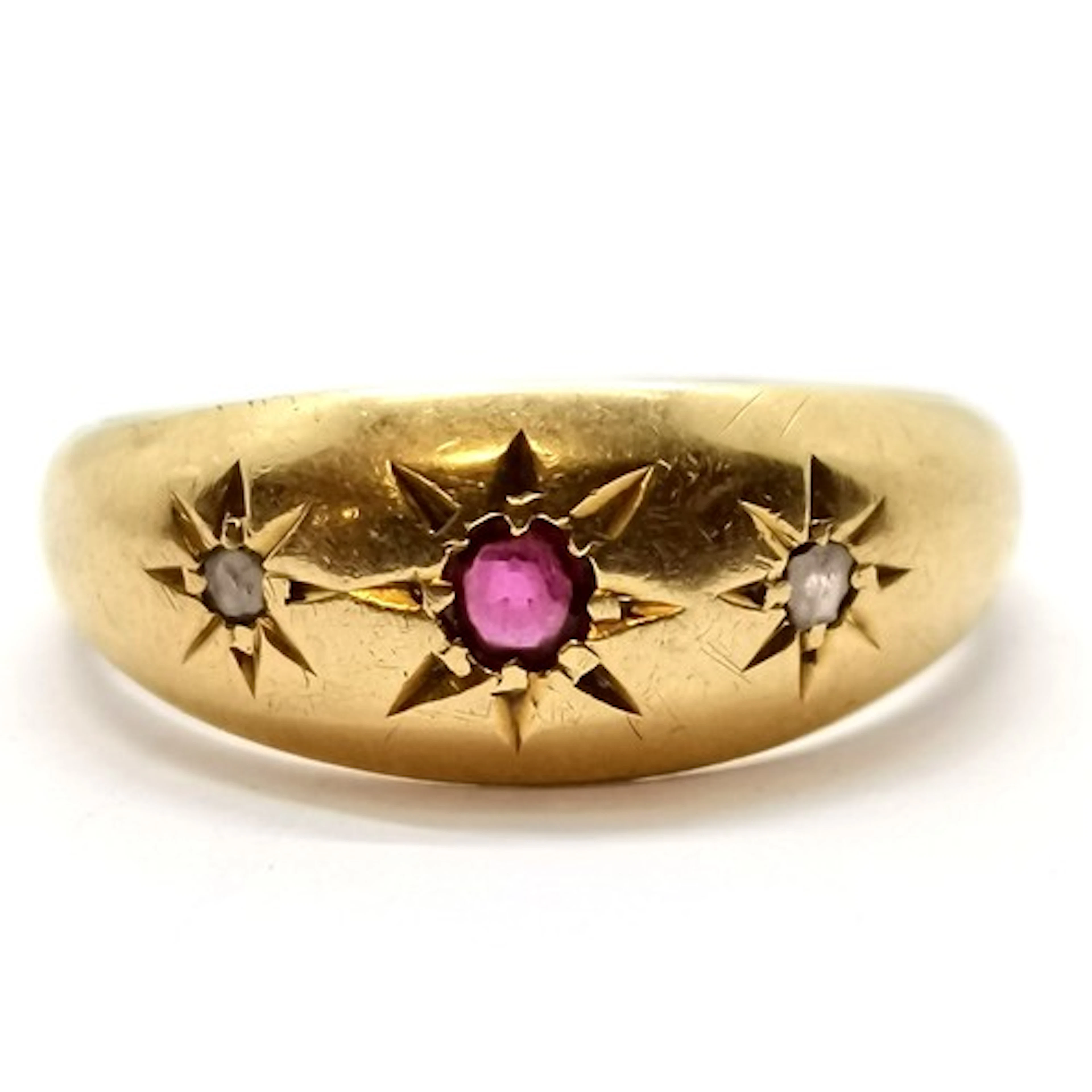 Antique 18ct hallmarked gold diamond & ruby stone set ring -...