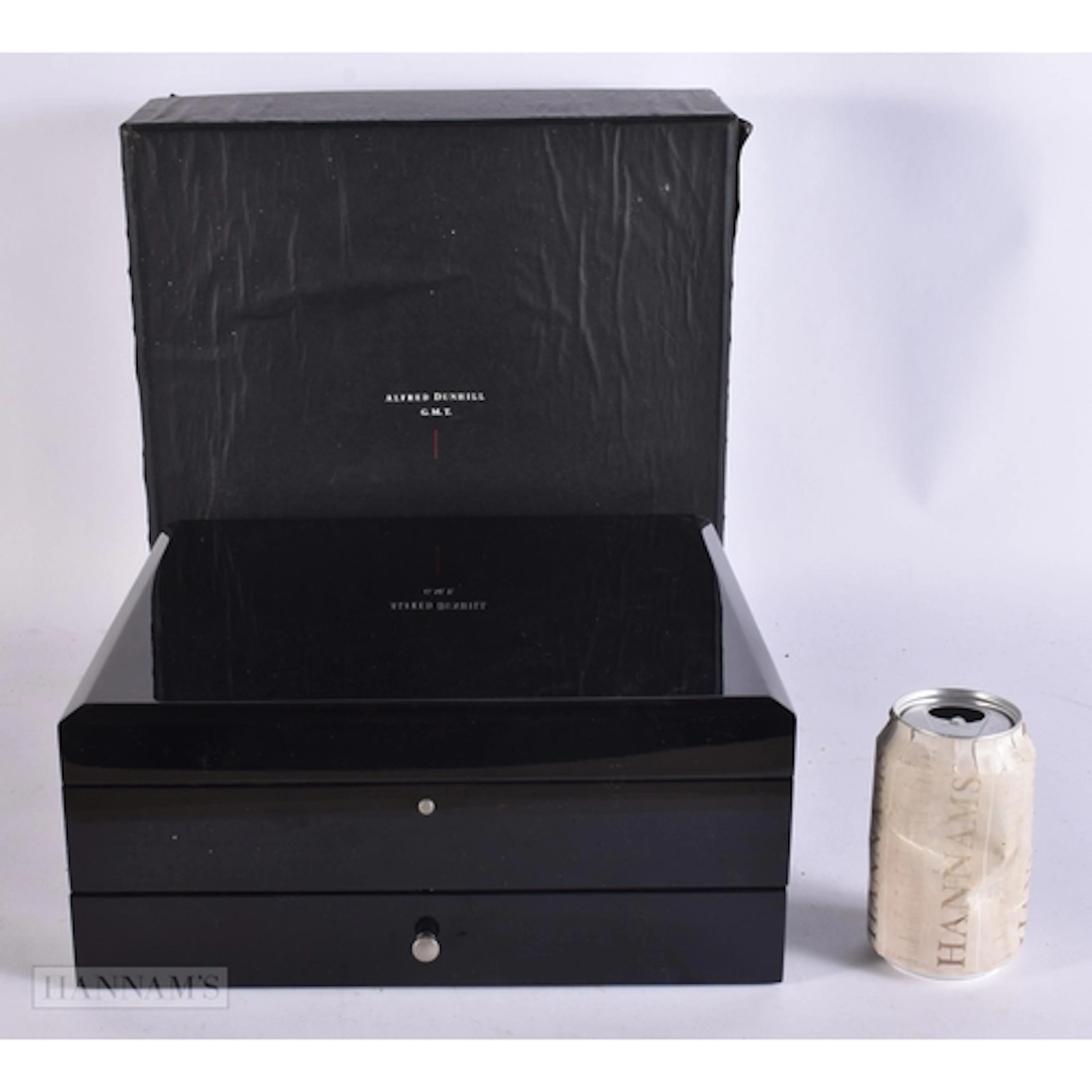 AN ALFRED DUNHILL GMT WATCH AND COLLECTORS BOX. 34 cm square...