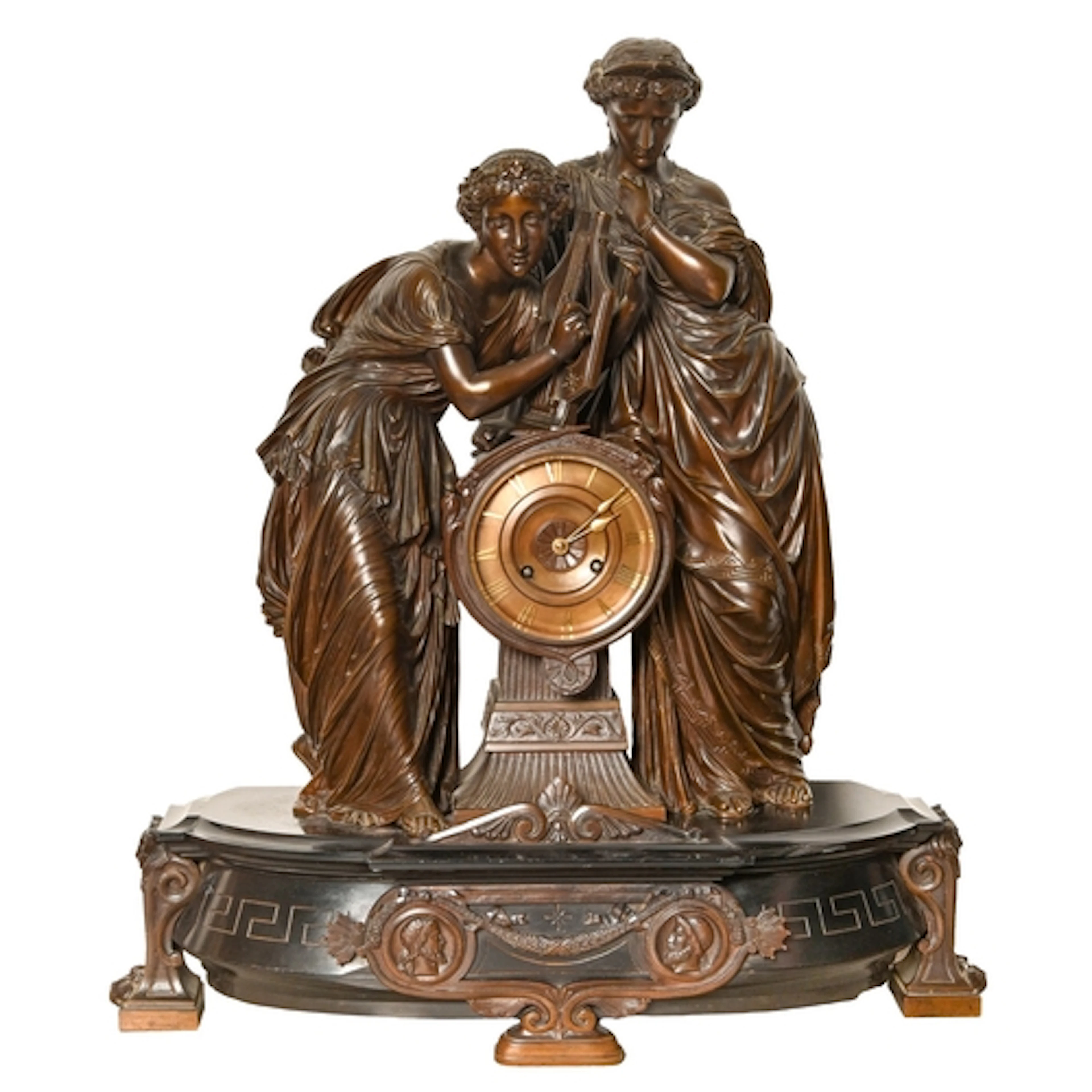 A French bronze figural mantle clock, late 19th c, with gilt...