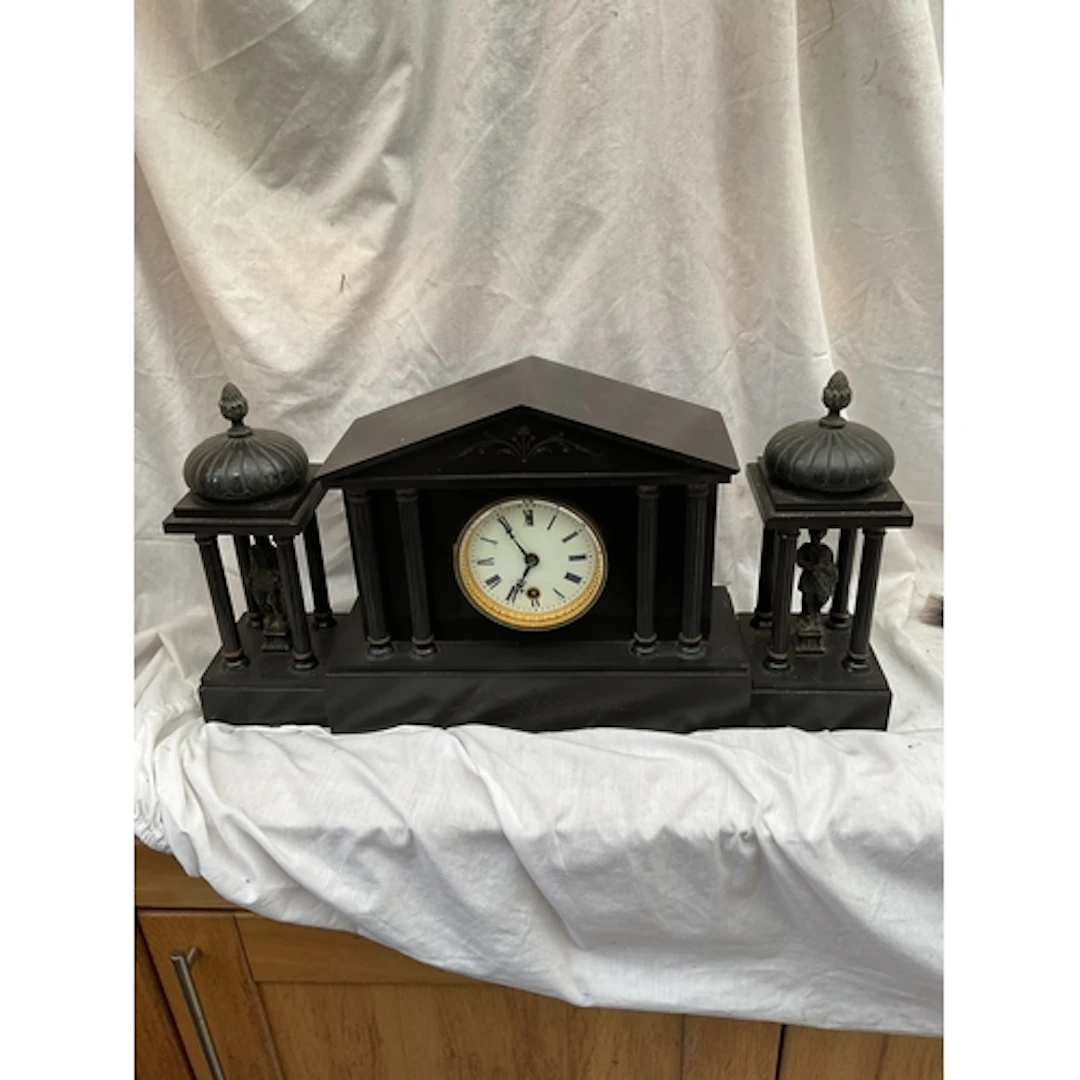 Slate mantle clock garniture with Roman statues. NO RESERVE