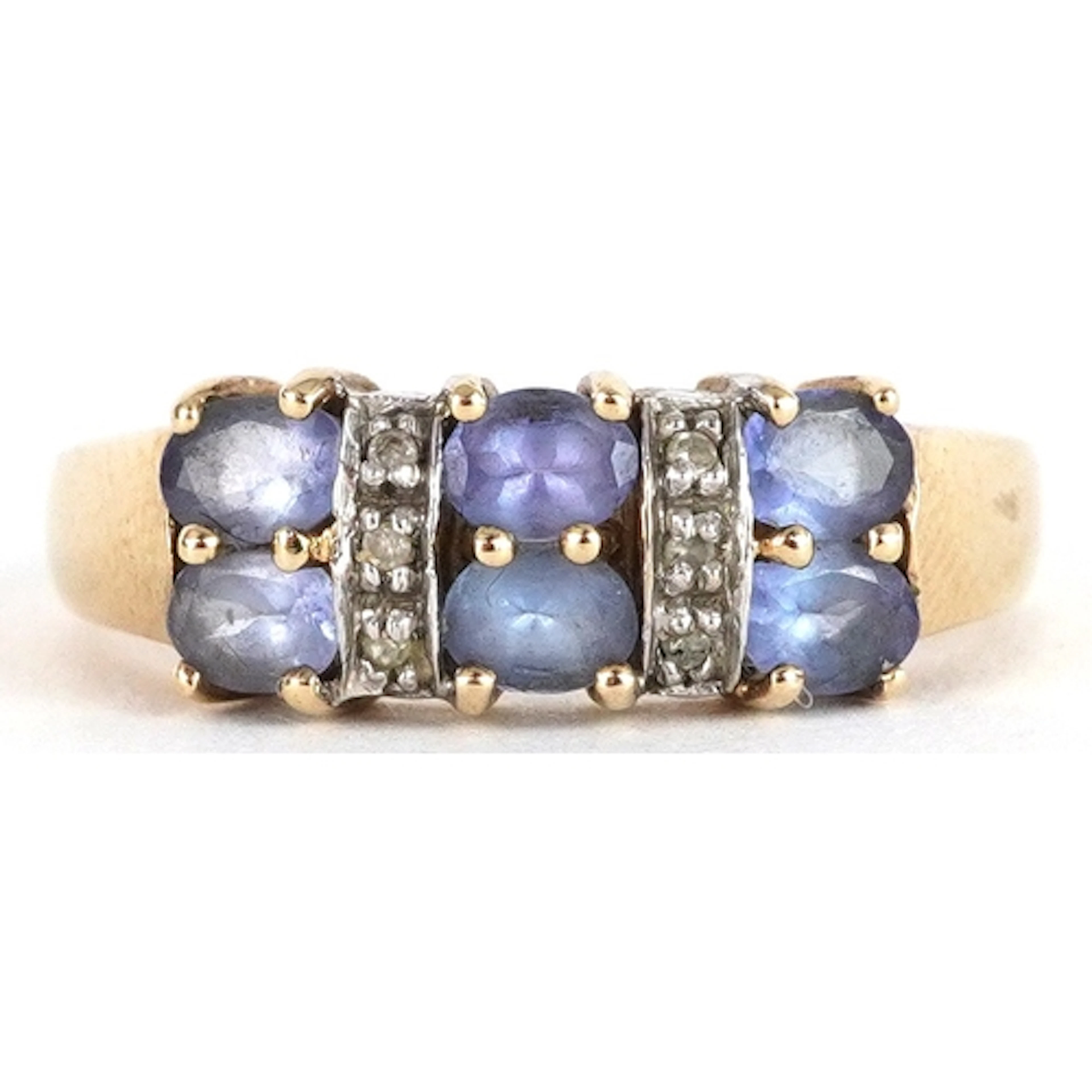 9ct gold diamond and purple stone two row ring, size O/P, 3....