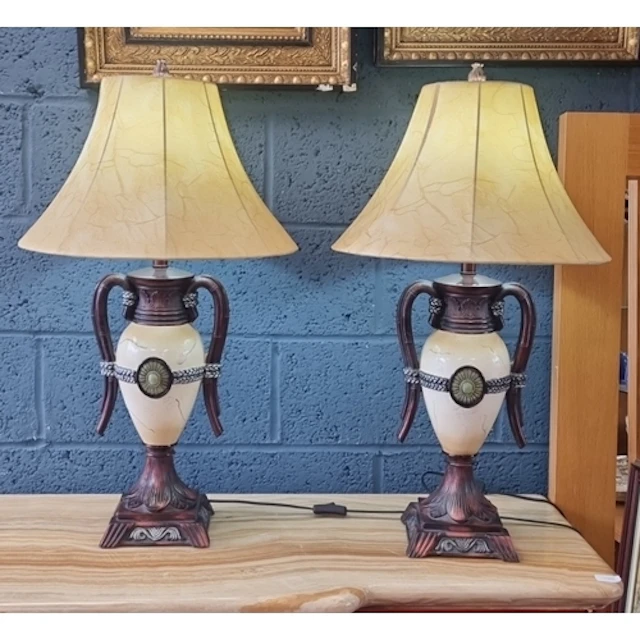 Pair of urn-form ceramic table lamps with twin handles and f...