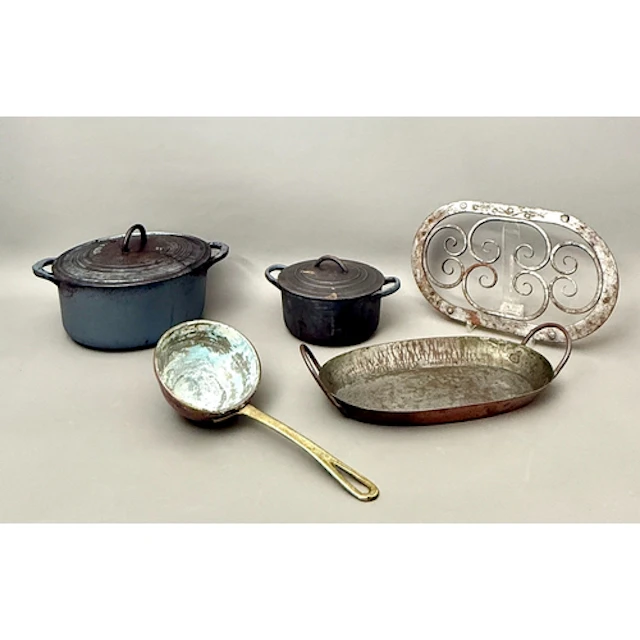 Five pieces of vintage metal kitchenware - including a Frenc...