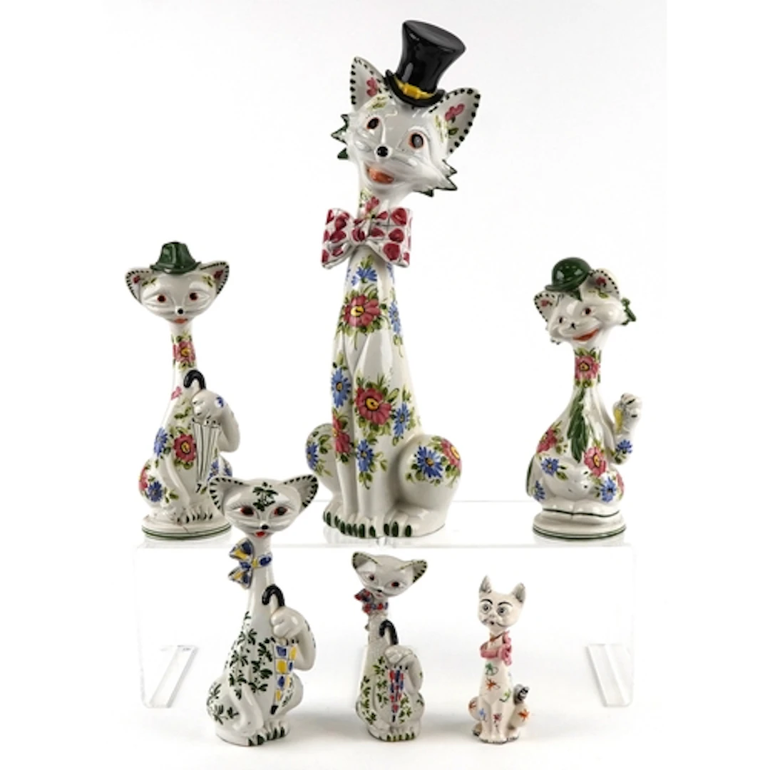 Collection of Comical hand painted pottery cats, the largest...