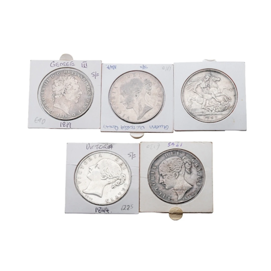 5 X 1819 TO 1897 ENGLISH SILVER COINS CROWNS, 1819, 1845,184...