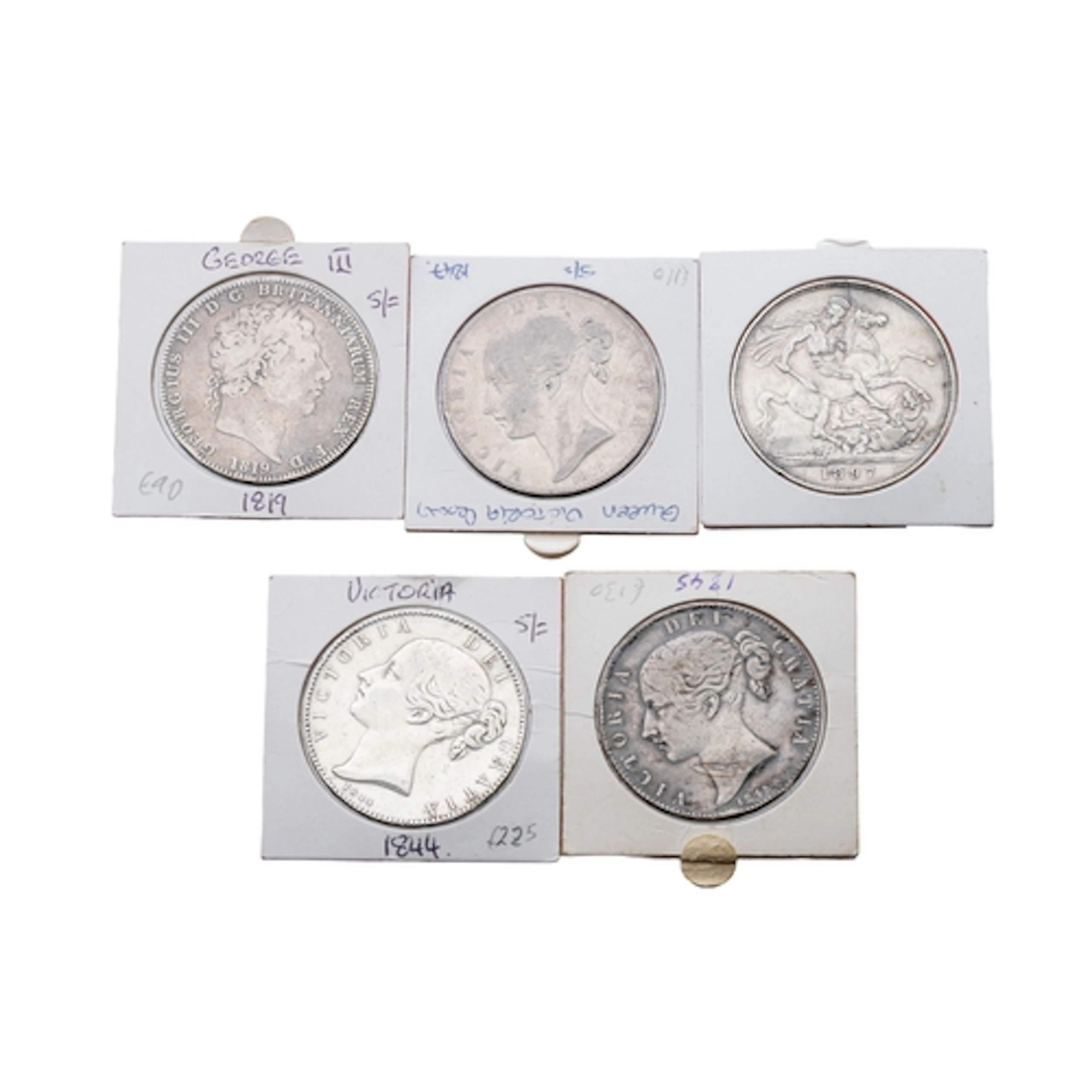 5 X 1819 TO 1897 ENGLISH SILVER COINS CROWNS, 1819, 1845,184...