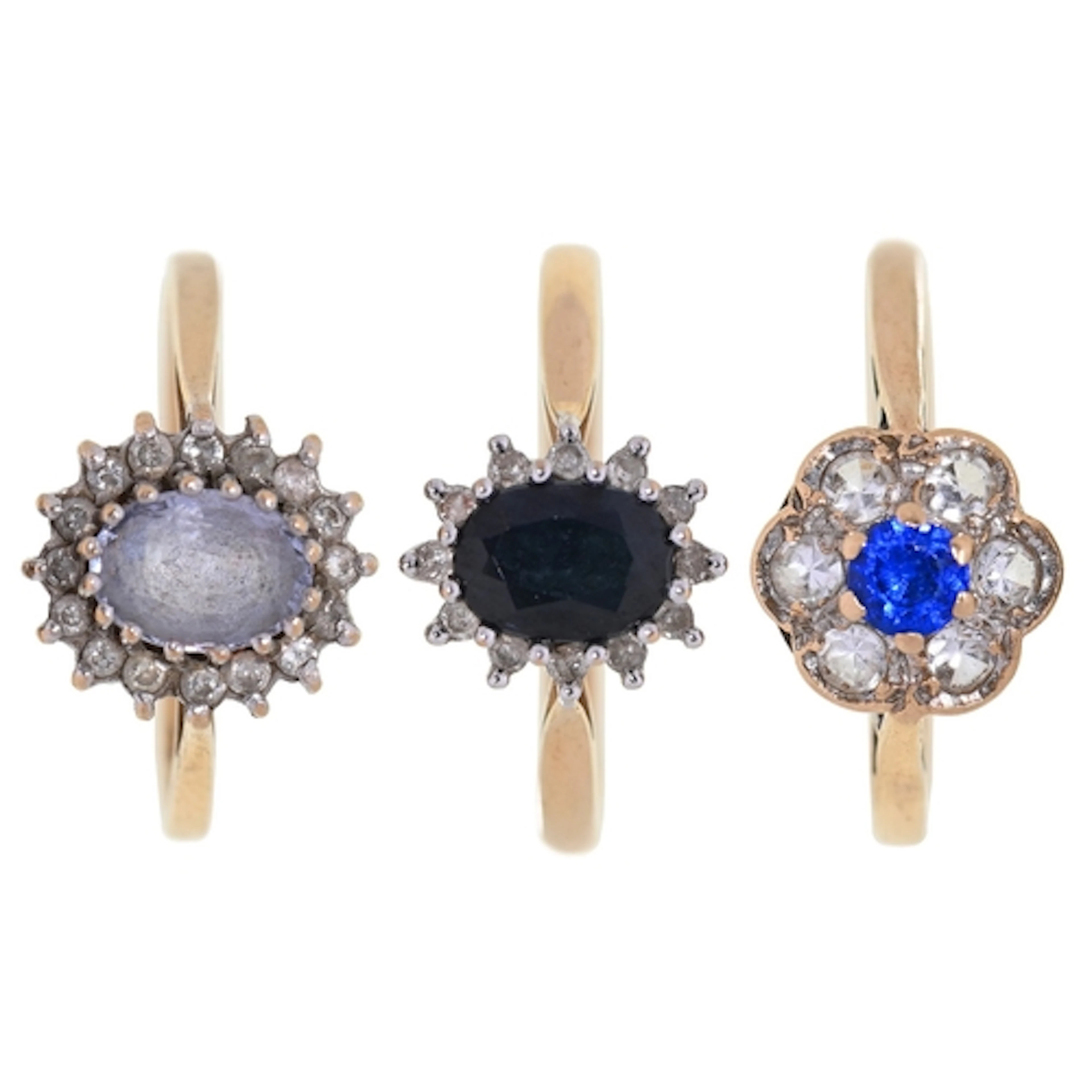 Three gold rings, variously gem set, 5.6g, size M, N...