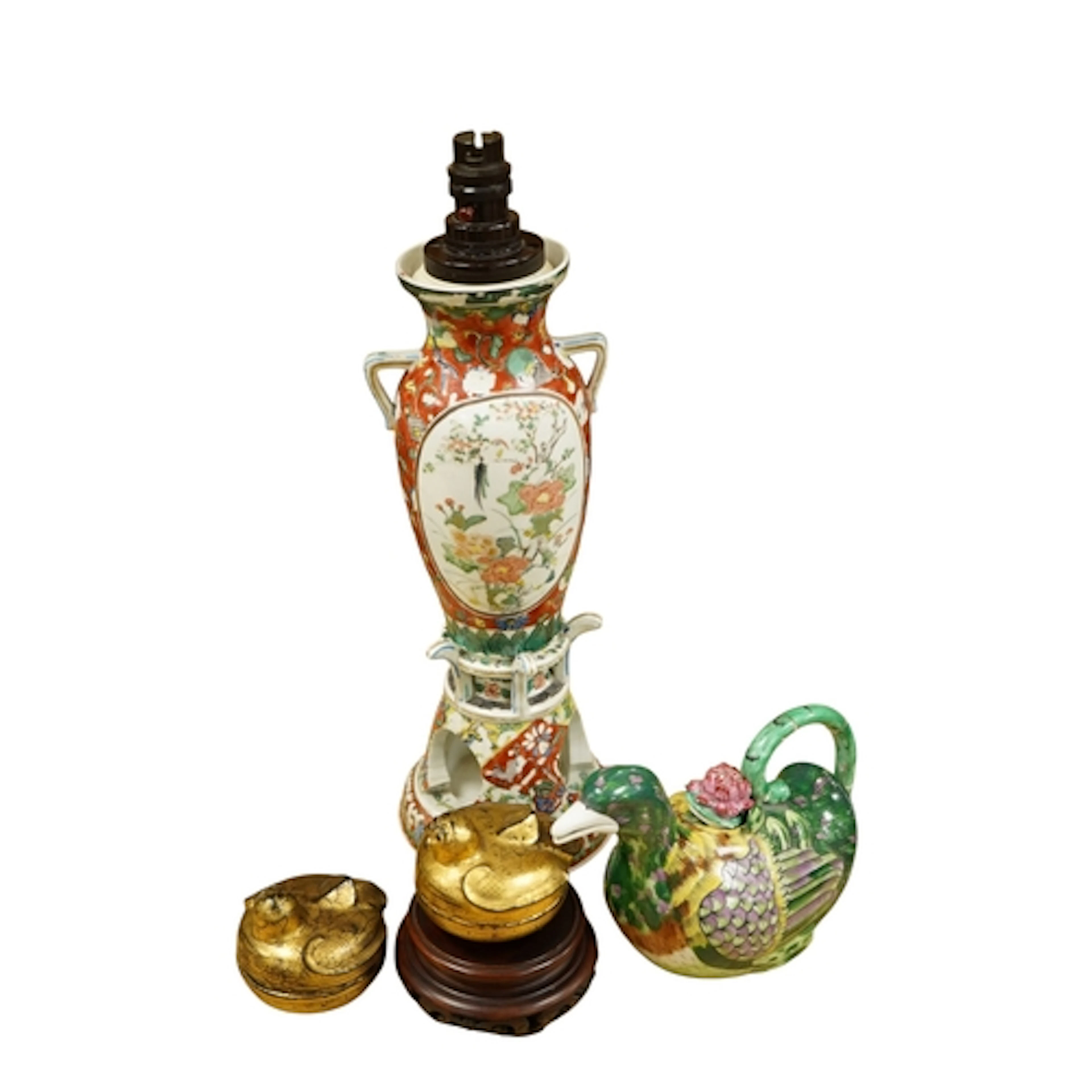 A late 19th century Japanese porcelain vase lamp, along with...