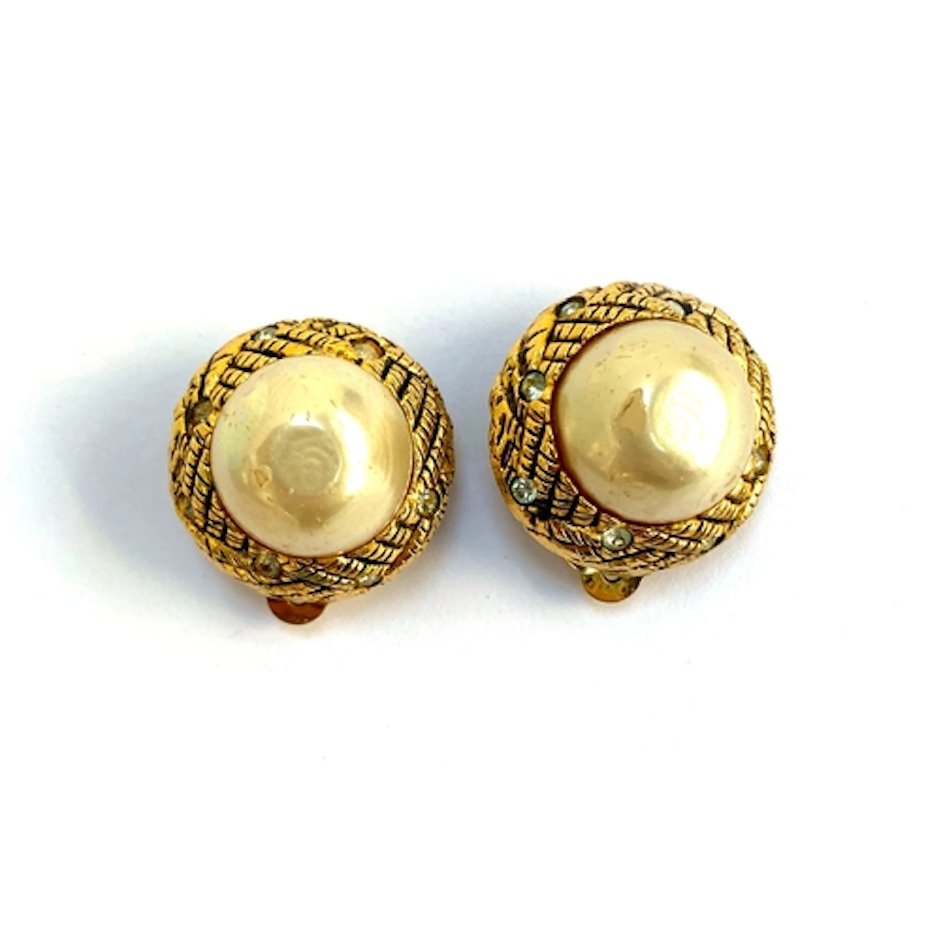 A pair of vintage Chanel gold tone faux pearl and crystal cl...