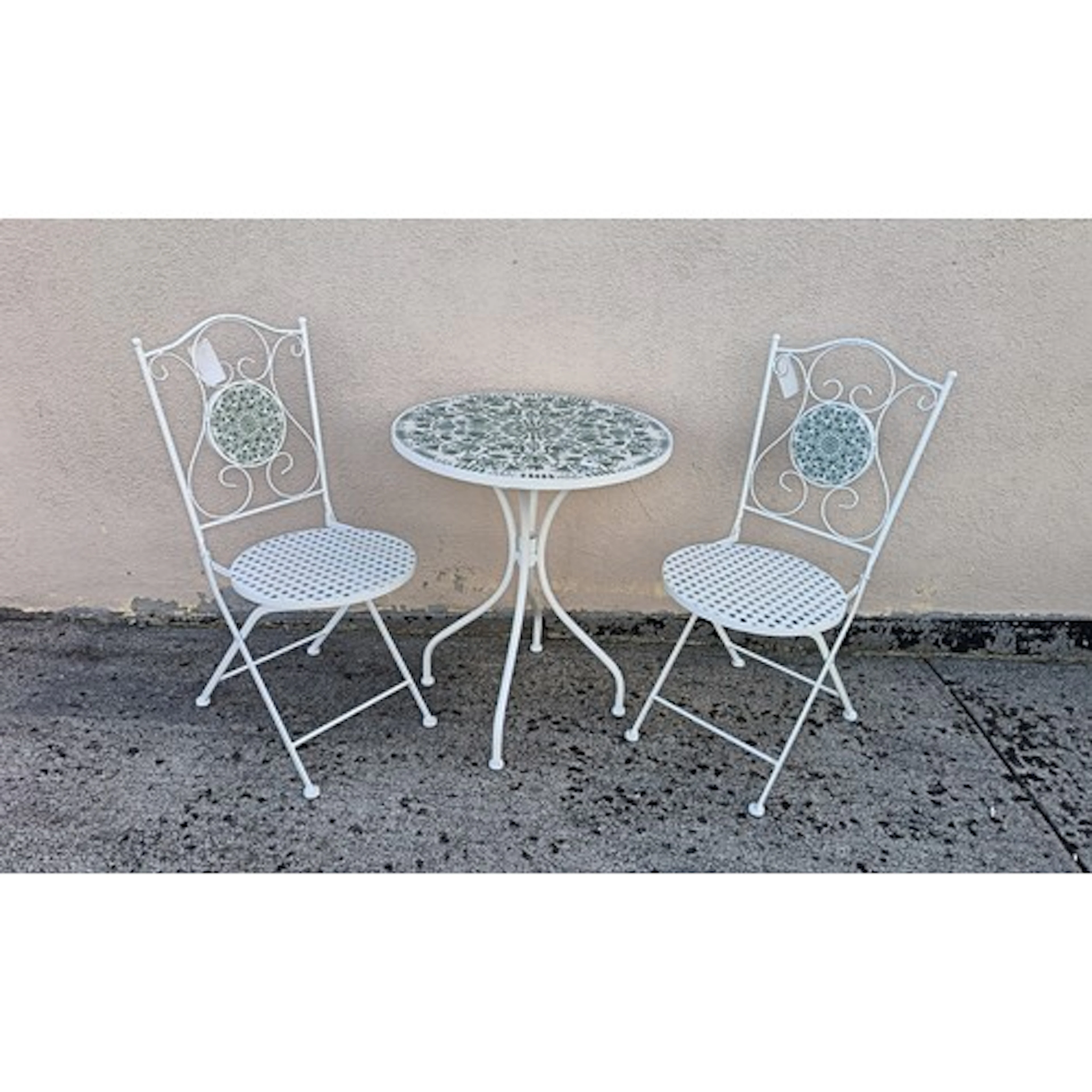 White Wrought Iron Bistro Set with mosaic tiles