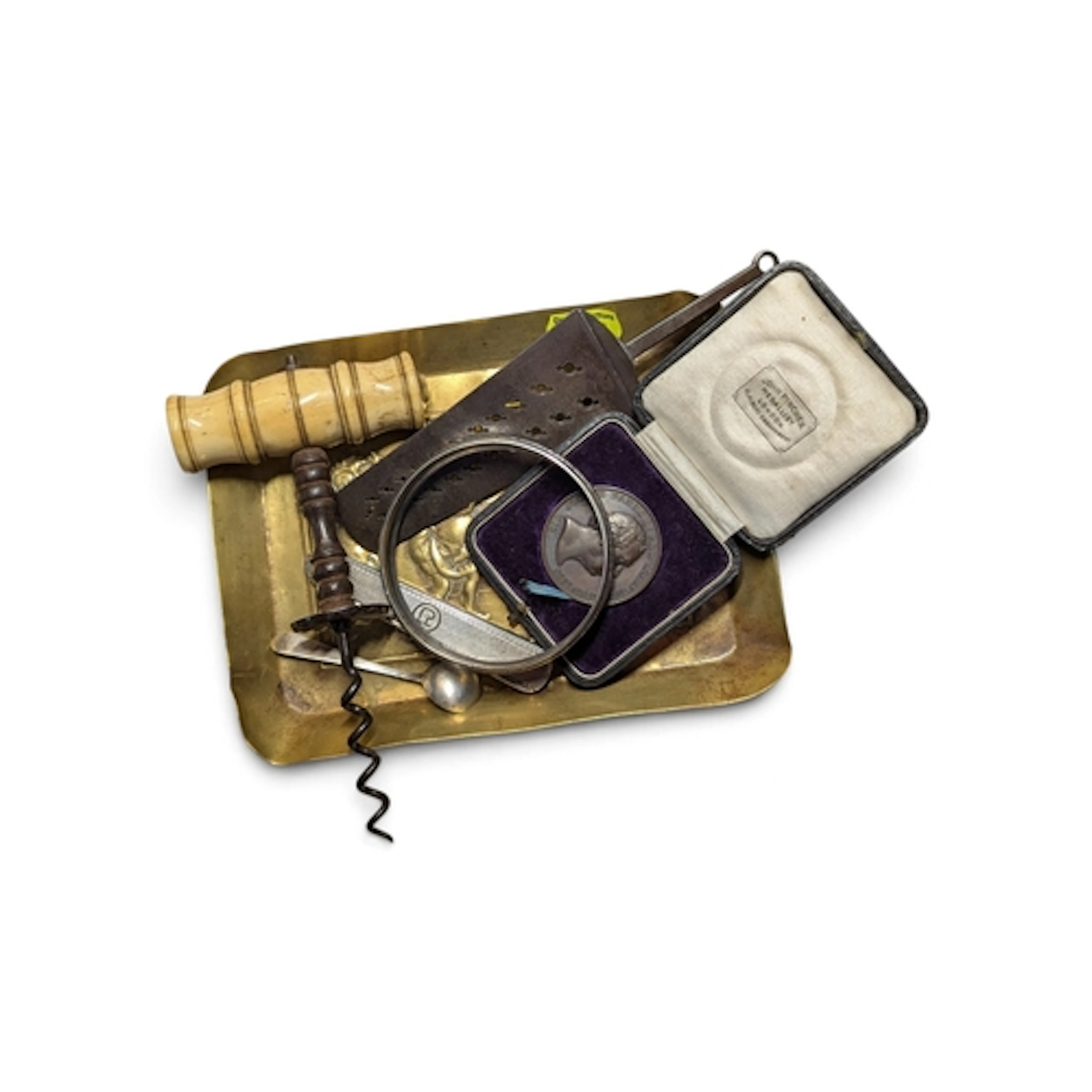 Brass tray with assorted collectables inc. white metal bangl...