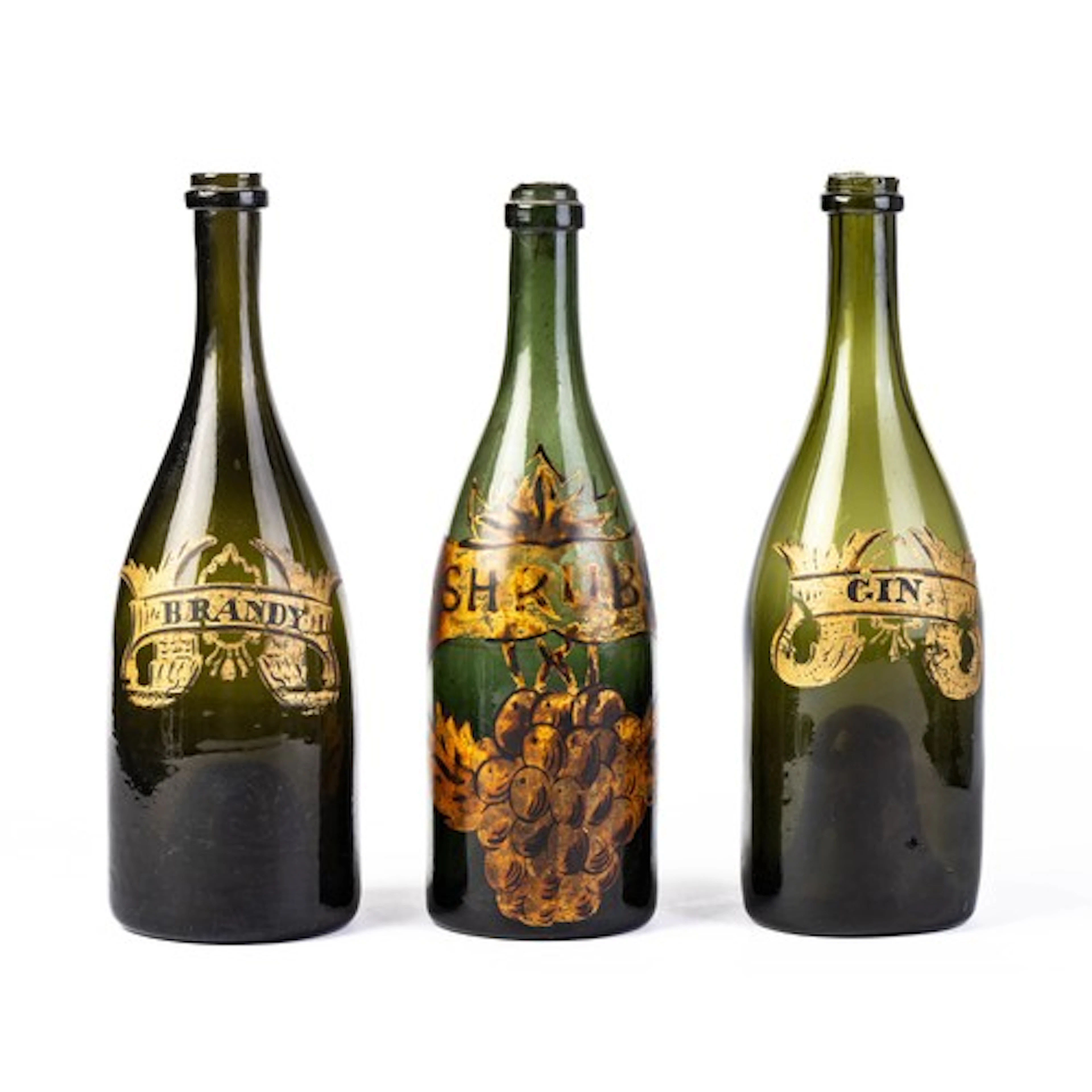 Three 19th century hand blown mallet form green bottles, dee...