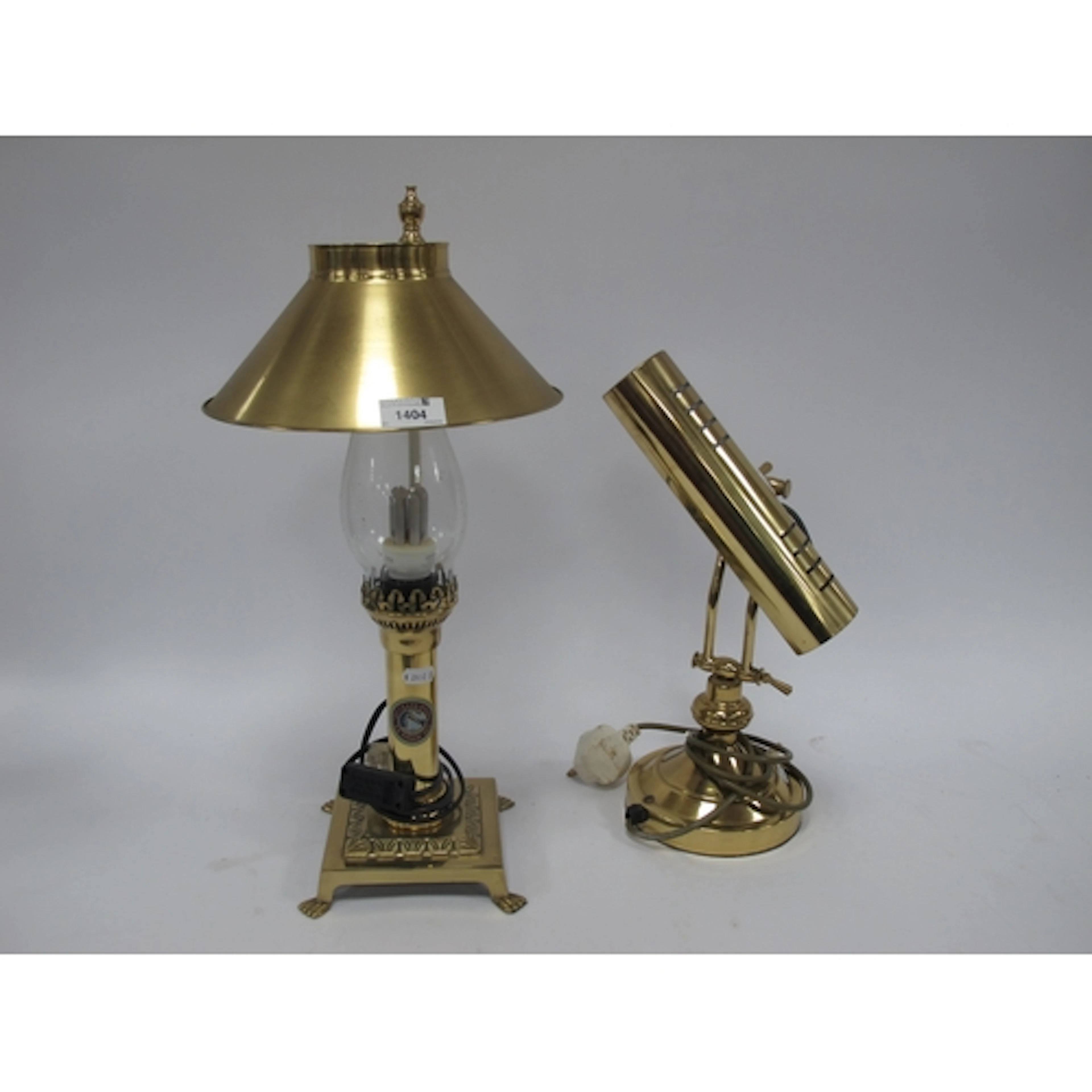 Two vintage style brass table lamps, including banker's desk...