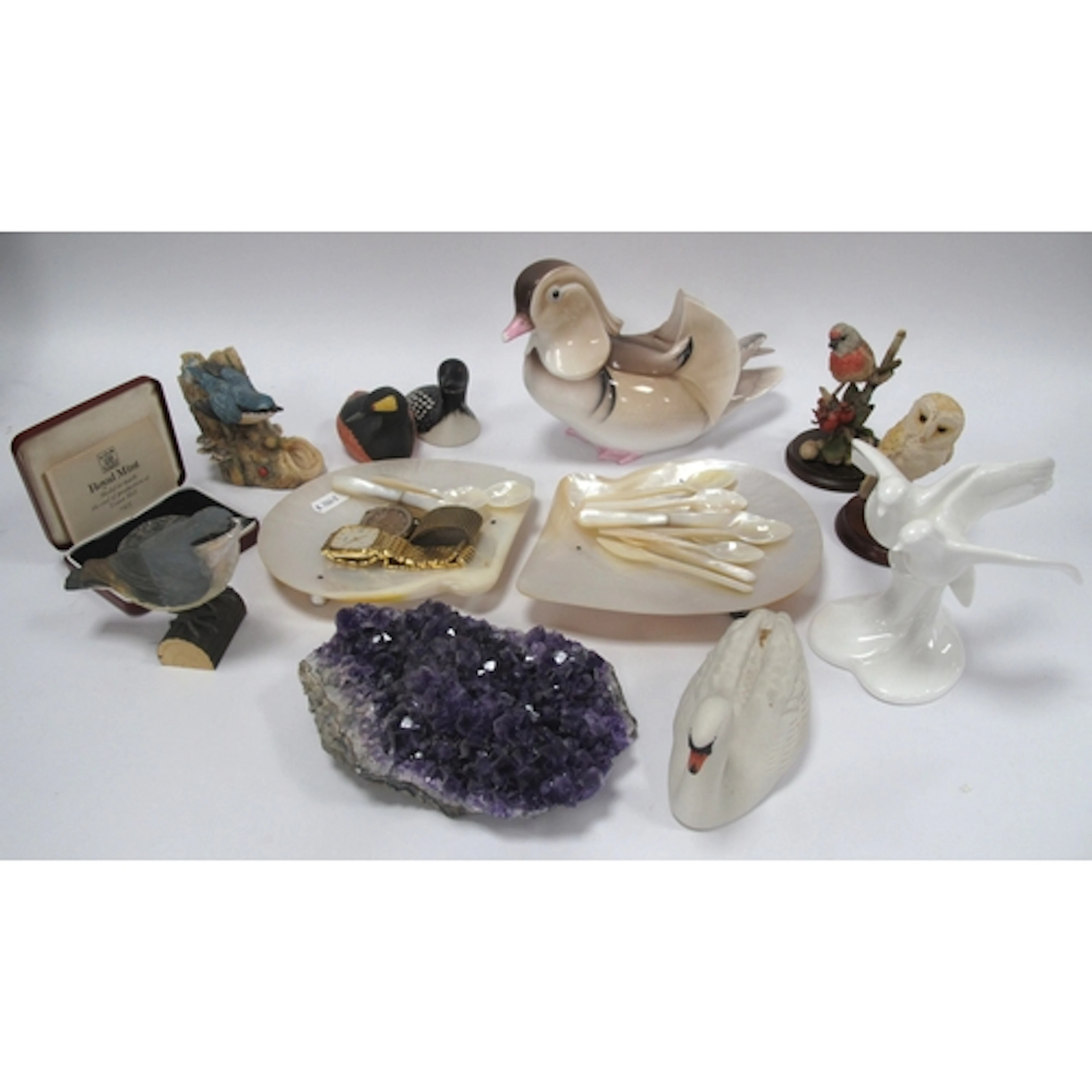 Collectables, including amethyst crystal cluster, two mother...
