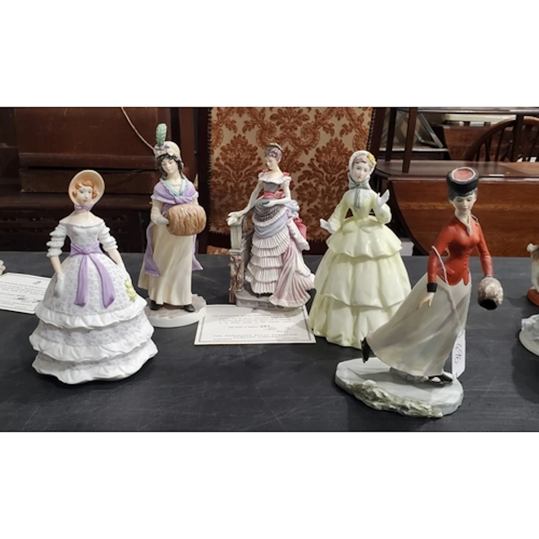 Five Royal Worcester Figures comprising 'Emily', 'Crinoline'...