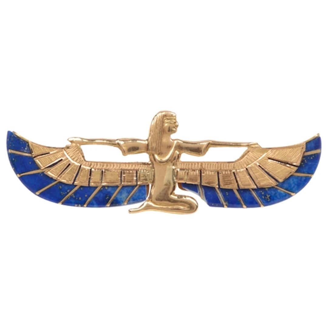 A gold and lapis lazuli brooch, depicting the goddess Isis, ...