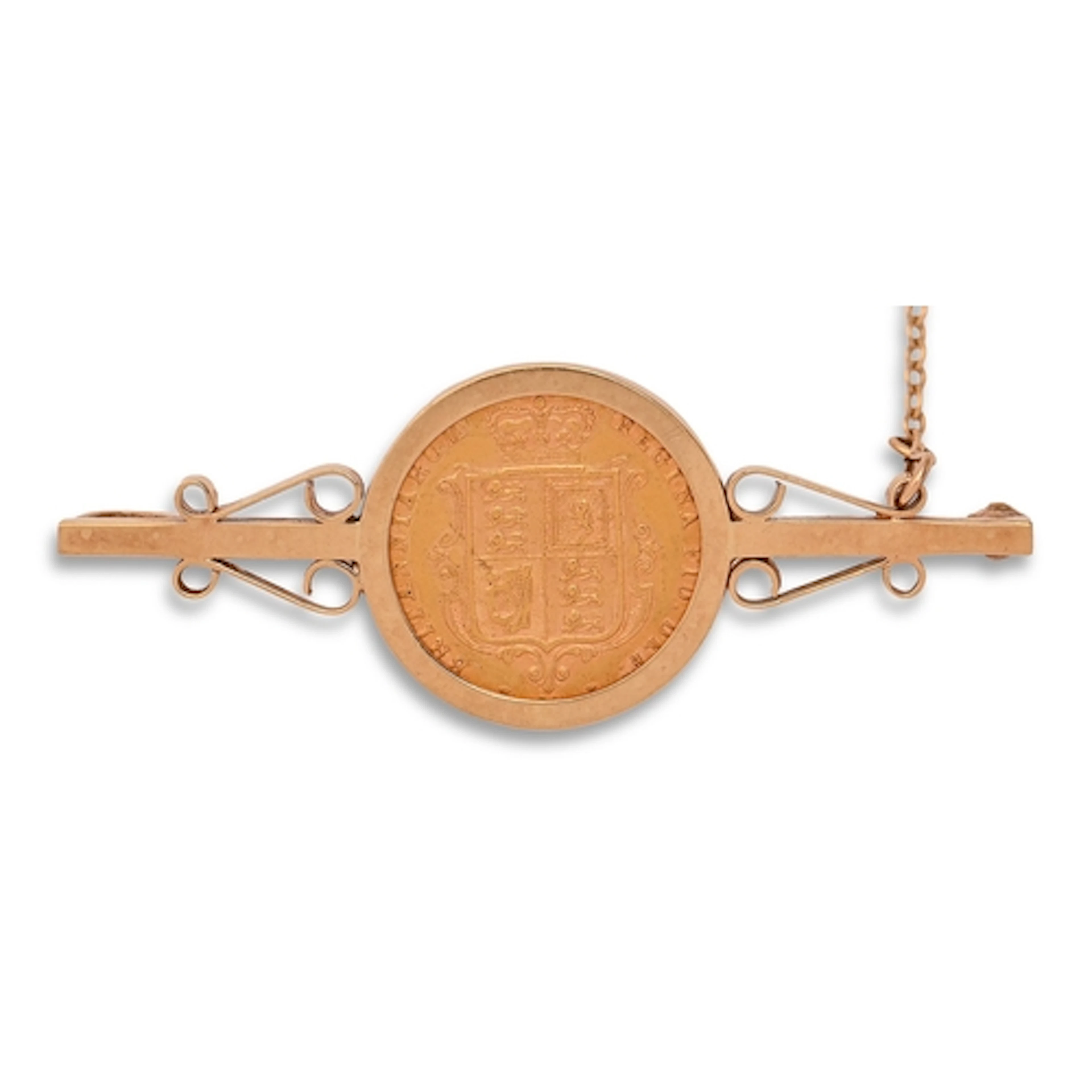Gold coin. Half Sovereign 1880, mounted in a 9ct gold brooch...