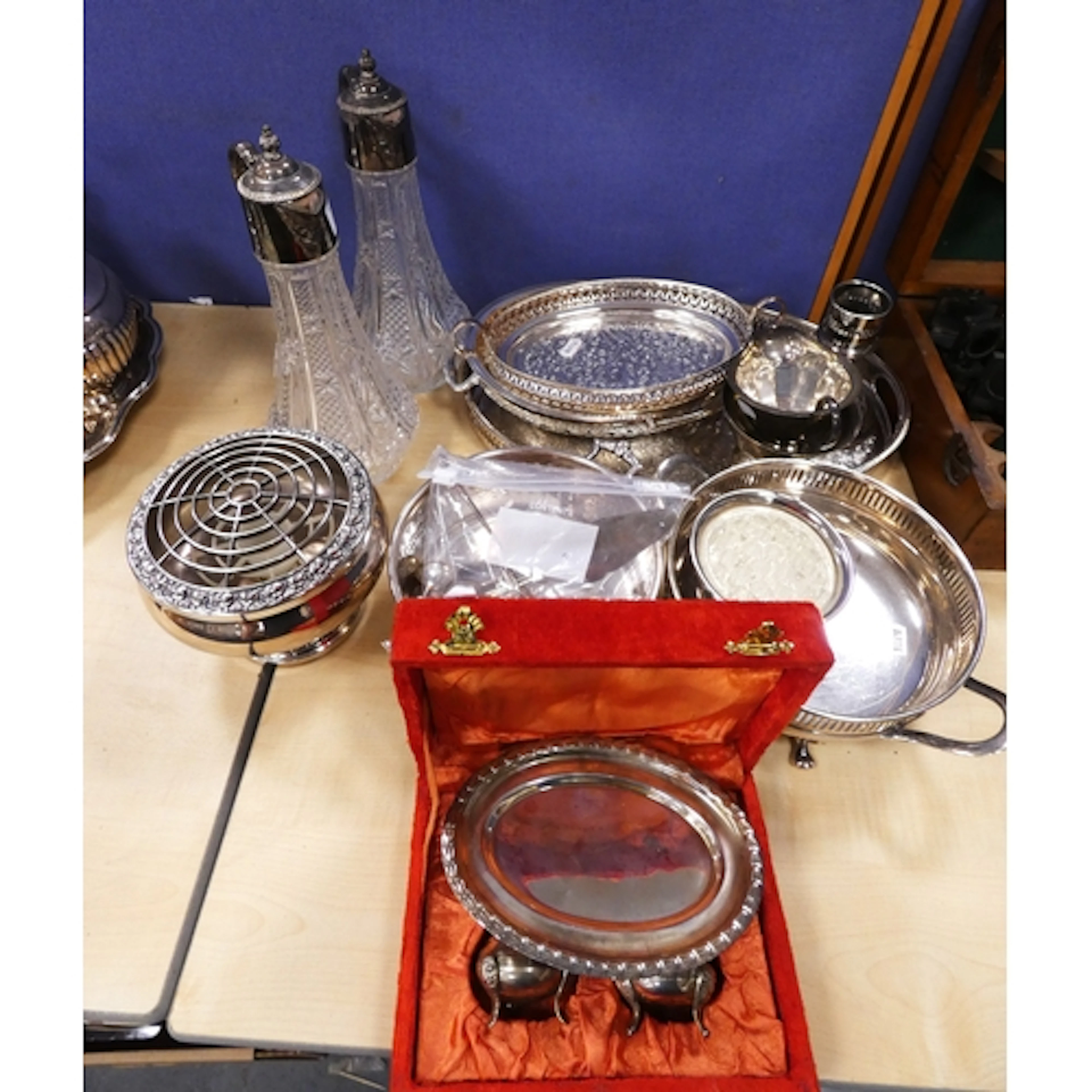 Collection of silver plated wares to include pair of cut gla...