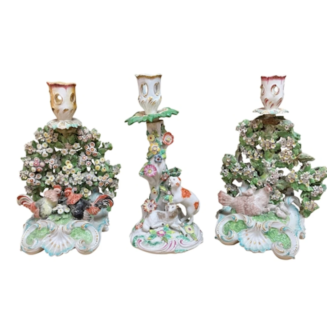 A pair of Derby porcelain chicken and cockerel bocage candle...