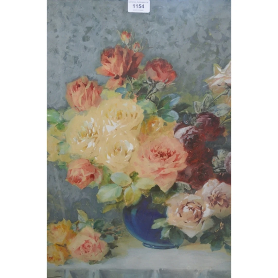 Watercolour, still life of roses in a blue vase, indistinctl...