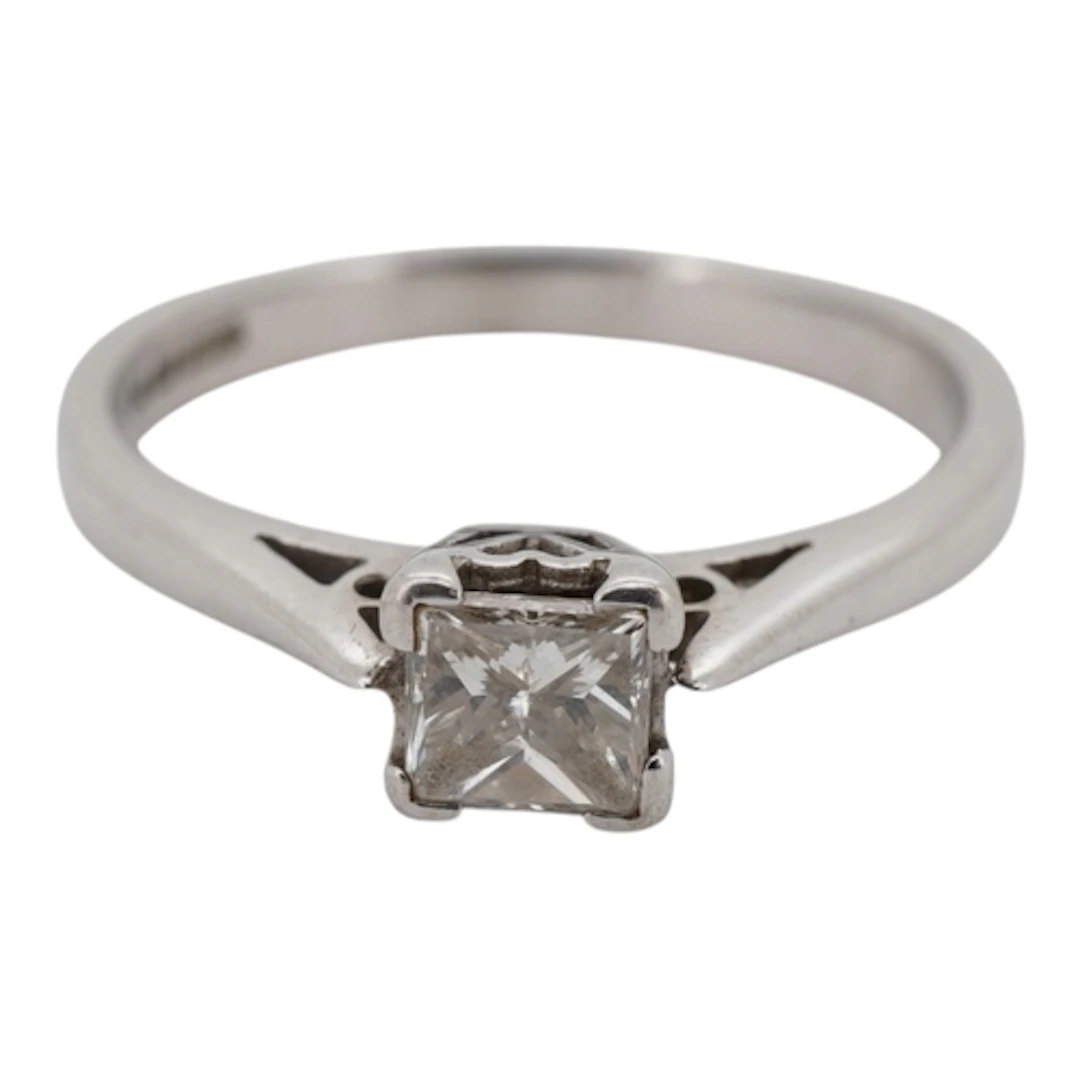 A modern 18ct white gold and solitaire Princess cut diamond ...