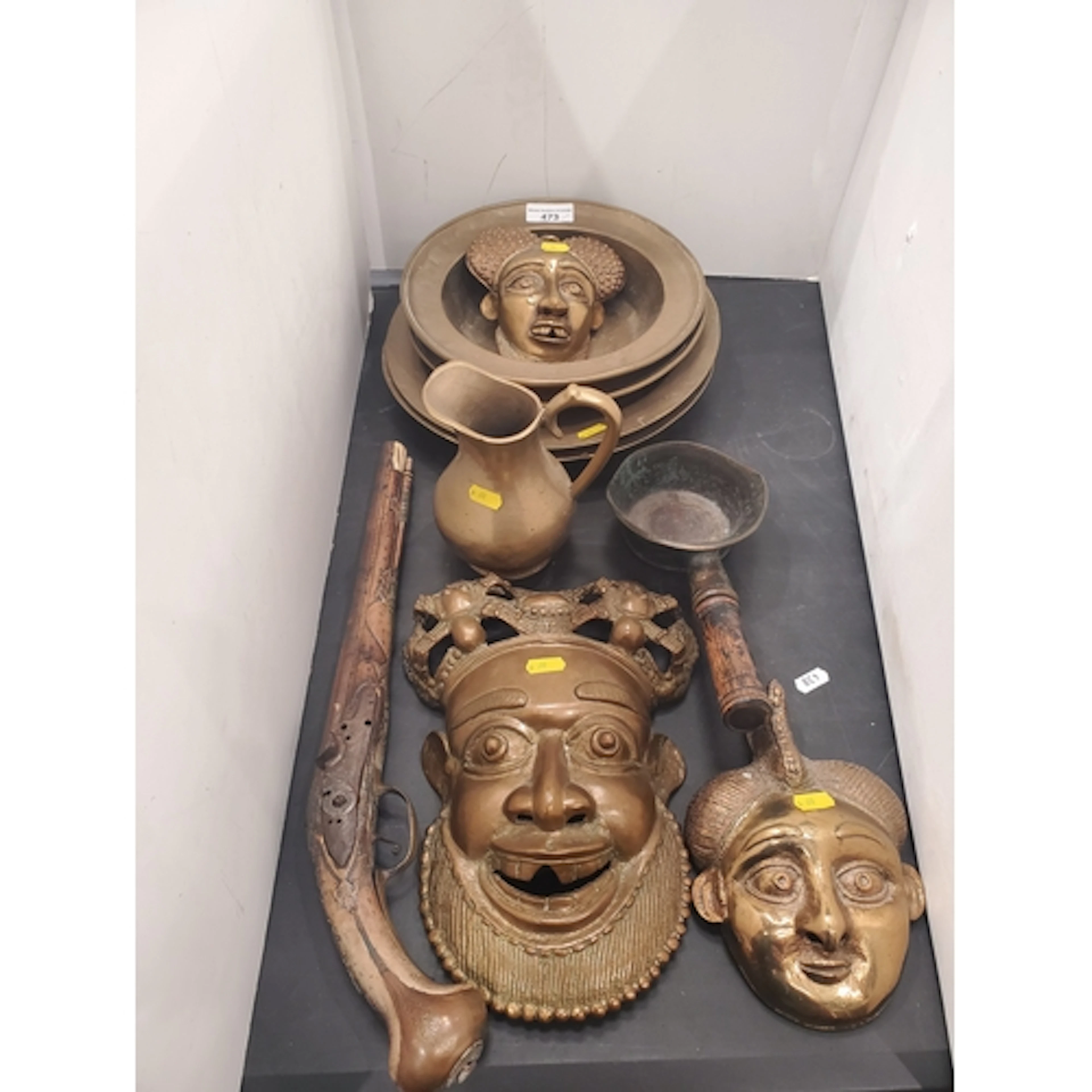 Four antique brass Bowls, a brass Jug, a Chinese bronze Cook...